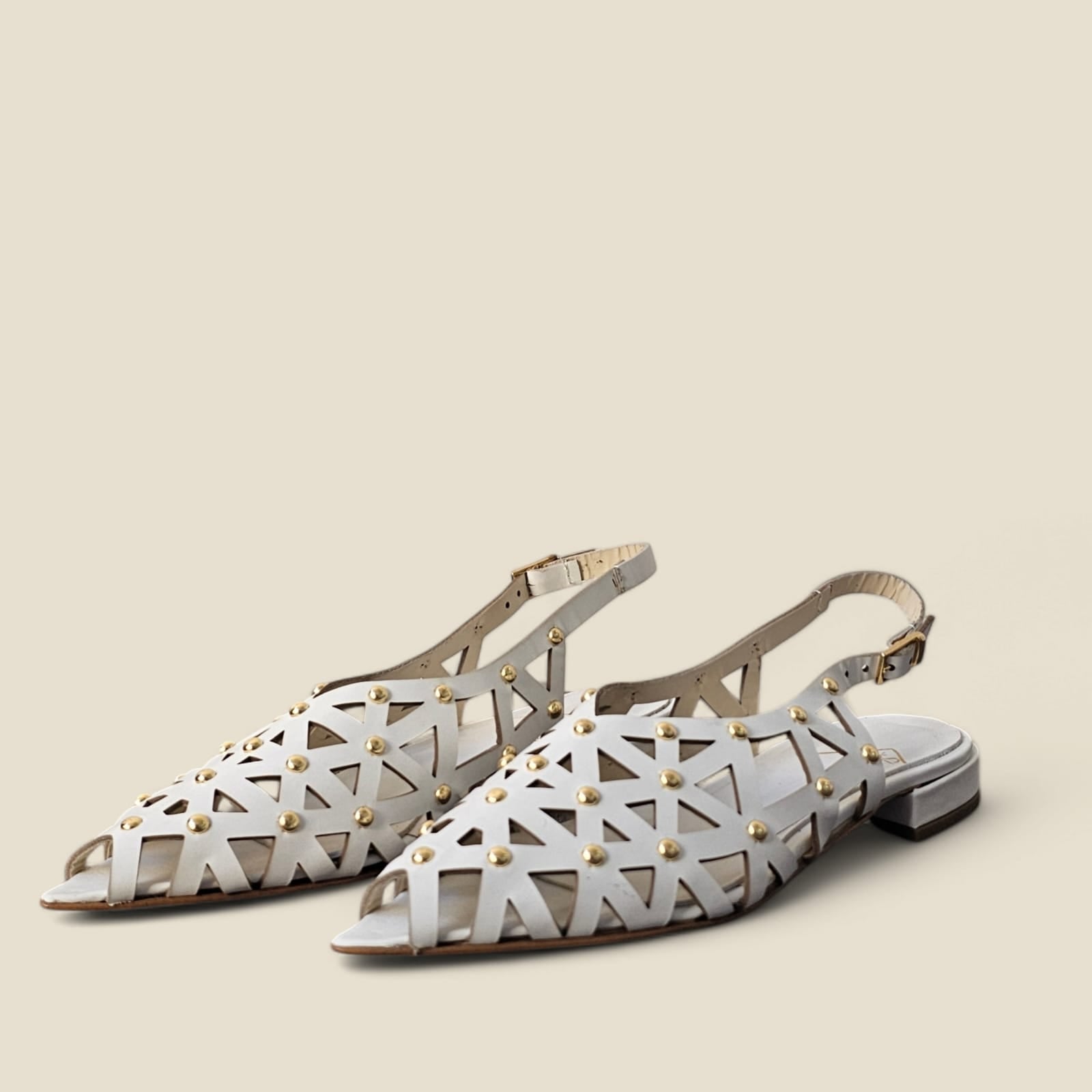 NET - Perforated Slingback Pump in White Genuine Leather with Gold Applications