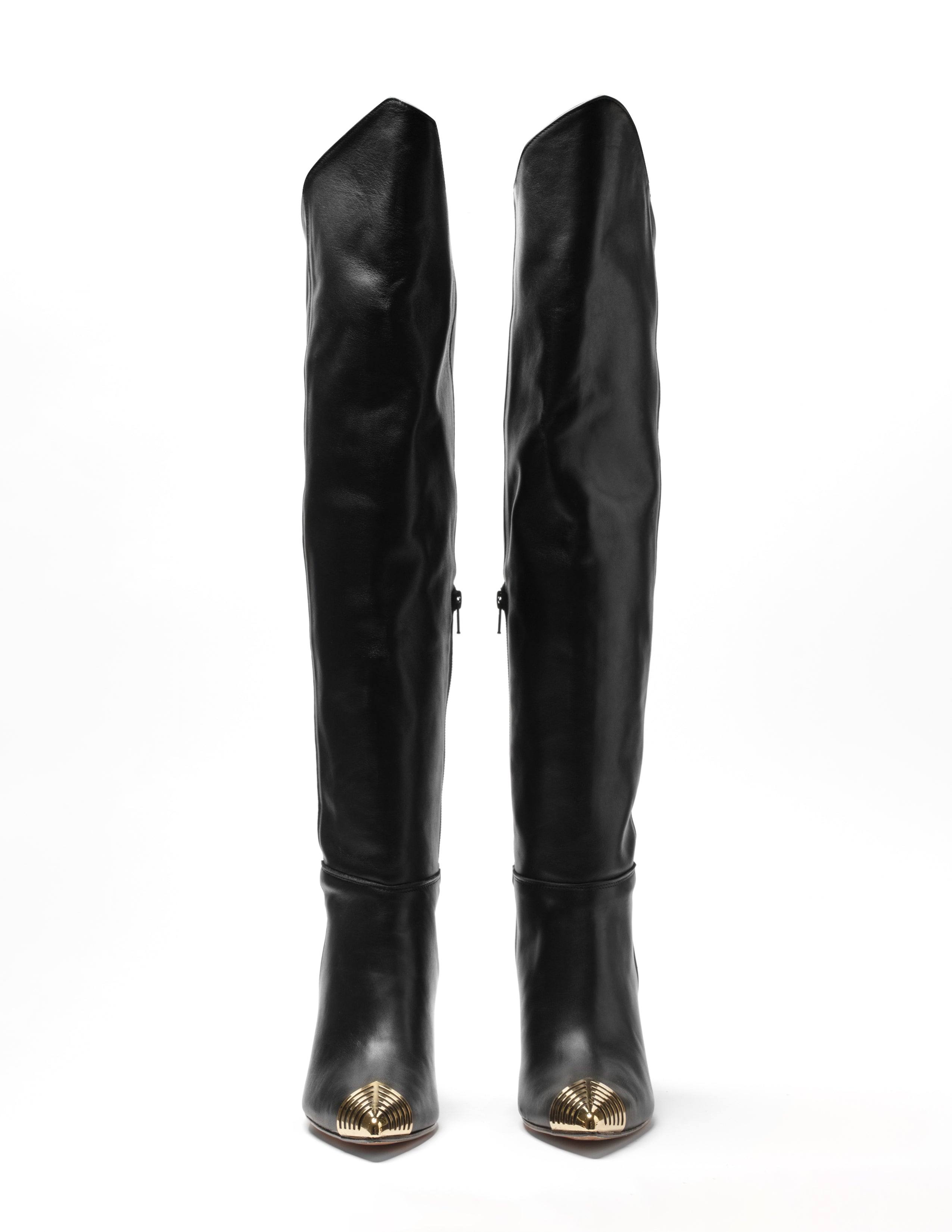 OBLIQUE - Tubular boot in genuine leather with asymmetric cut and gold plaque