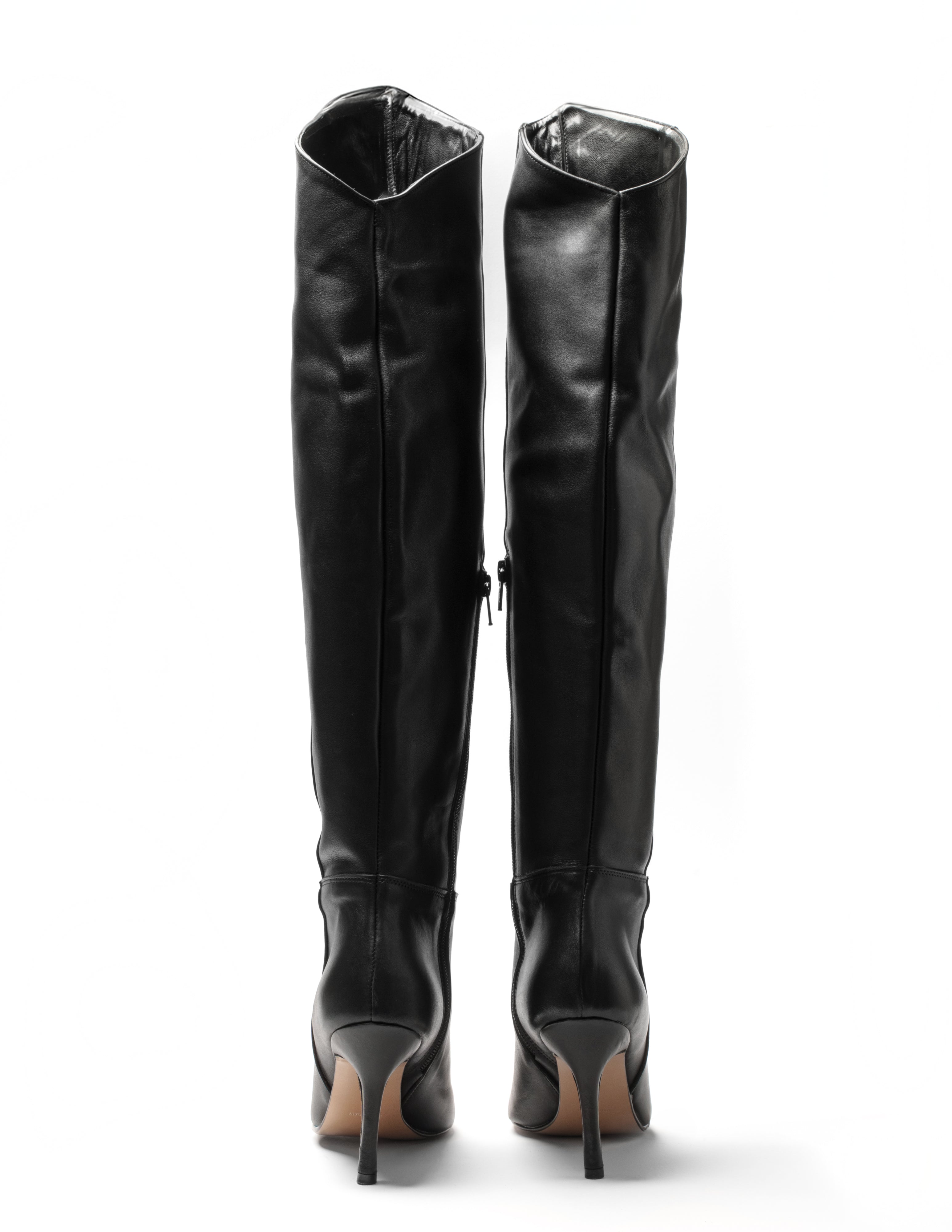 OBLIQUE - Tubular boot in genuine leather with asymmetric cut and gold plaque