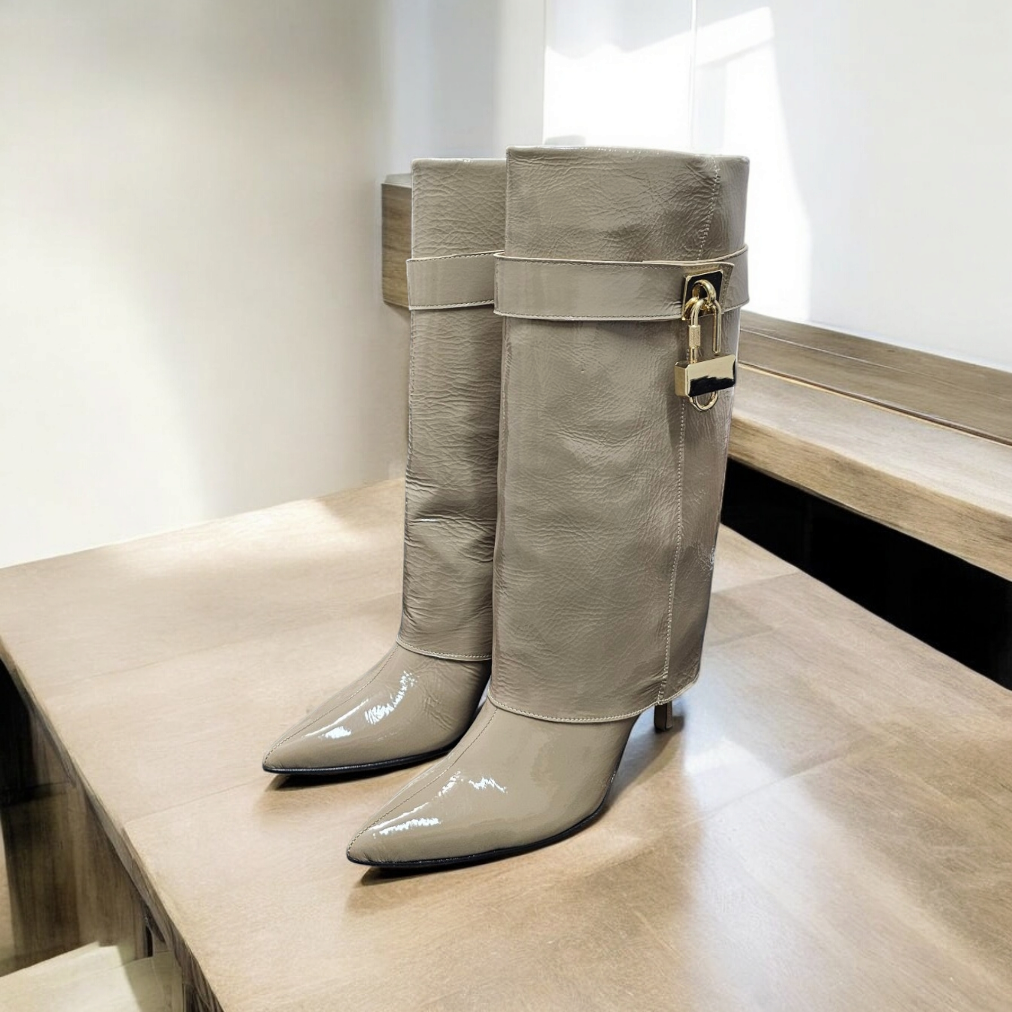 ANNY - Mid-calf boot in genuine dove grey patent leather with 9 cm heel