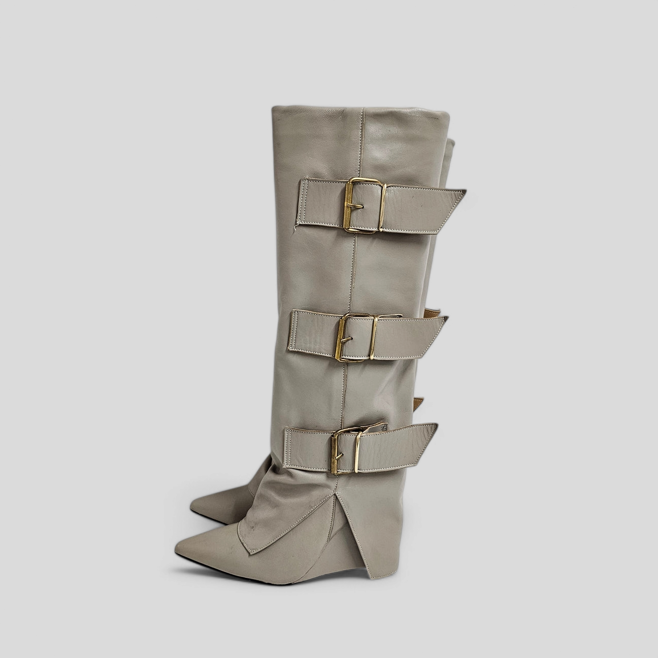 VARSAVIA - Tubular Boot in Genuine Dove Grey Leather with 3 Buckles and 11 cm Wedge