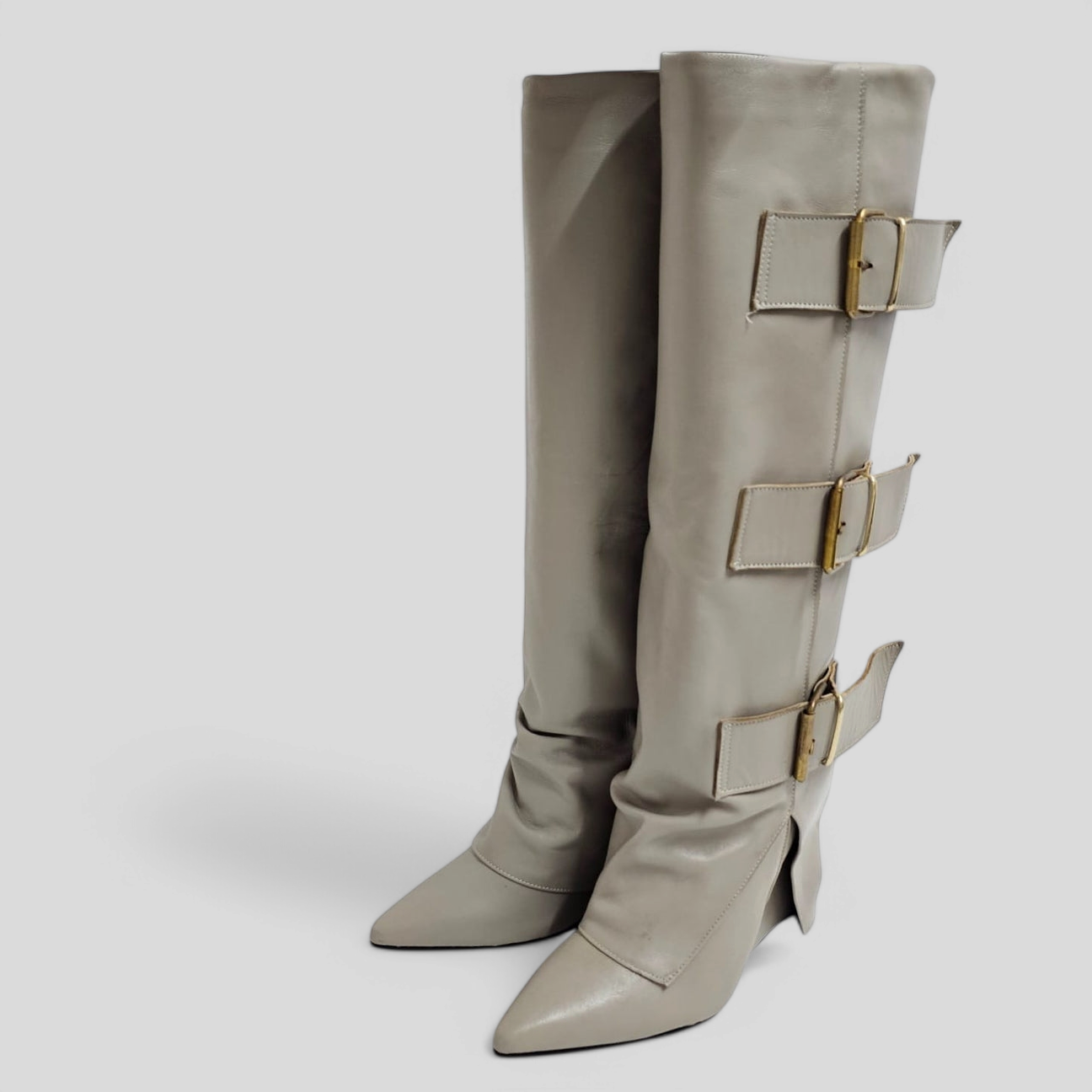 VARSAVIA - Tubular Boot in Genuine Dove Grey Leather with 3 Buckles and 11 cm Wedge