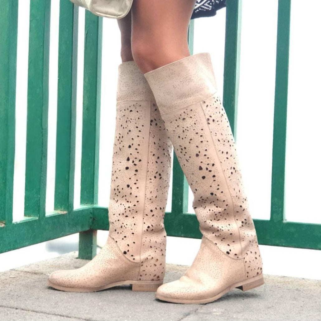 R1205_FLOWER - Knee-high tubular boot in perforated genuine leather with internal lift