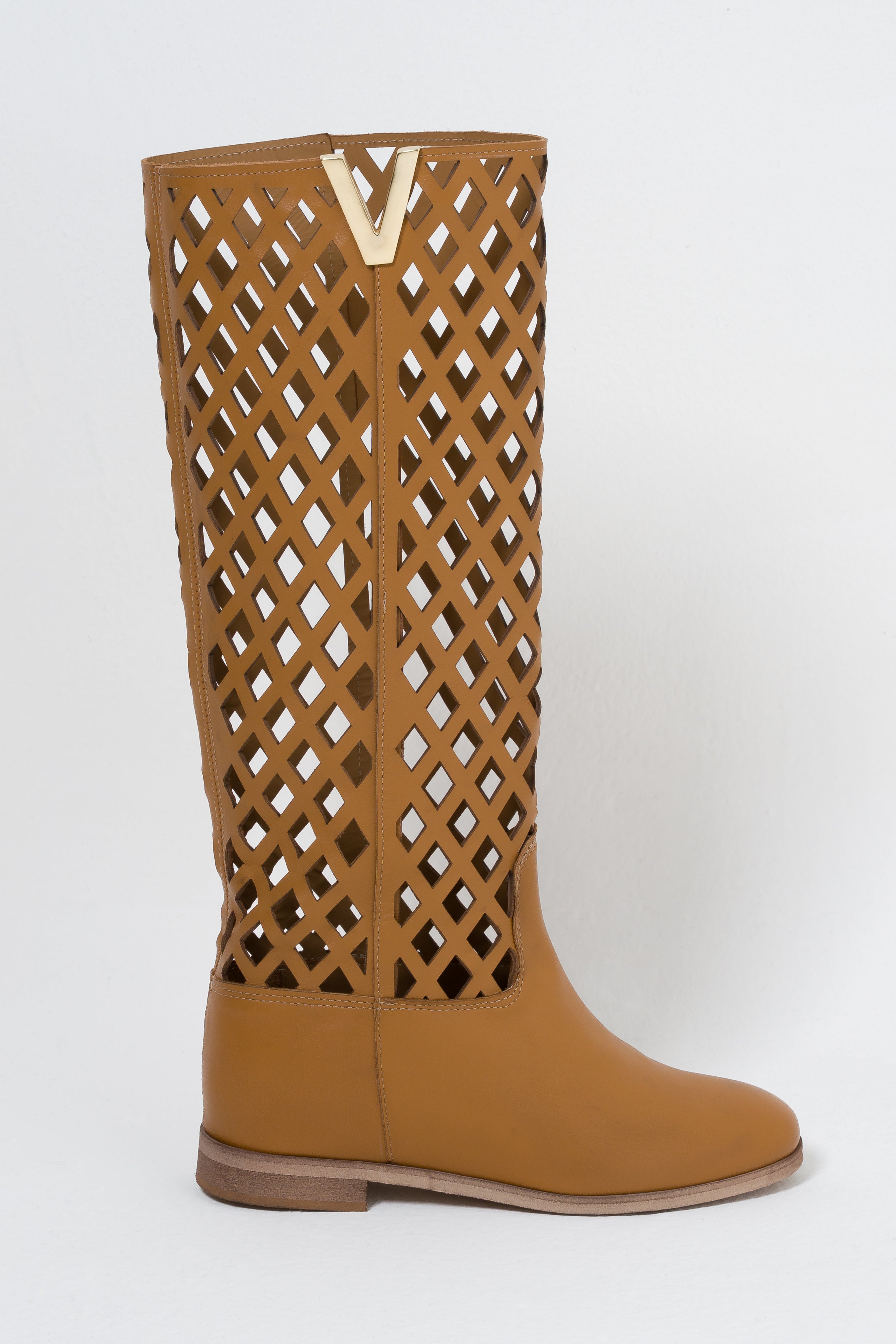 R120_NET - Tubular boot in Perforated Black Genuine Leather with golden accessory and internal rise