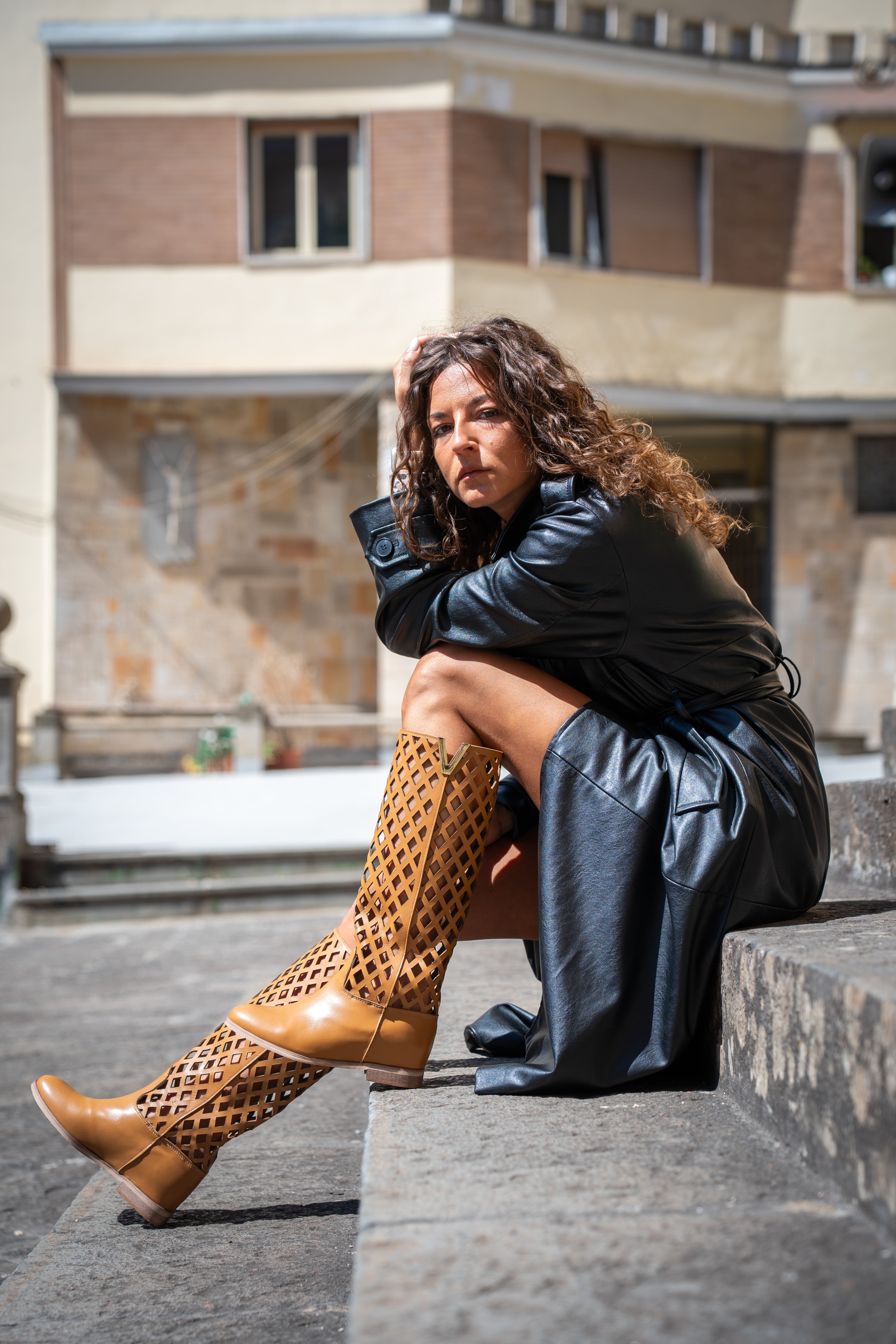 R120_NET - Tubular boot in Perforated Black Genuine Leather with golden accessory and internal rise