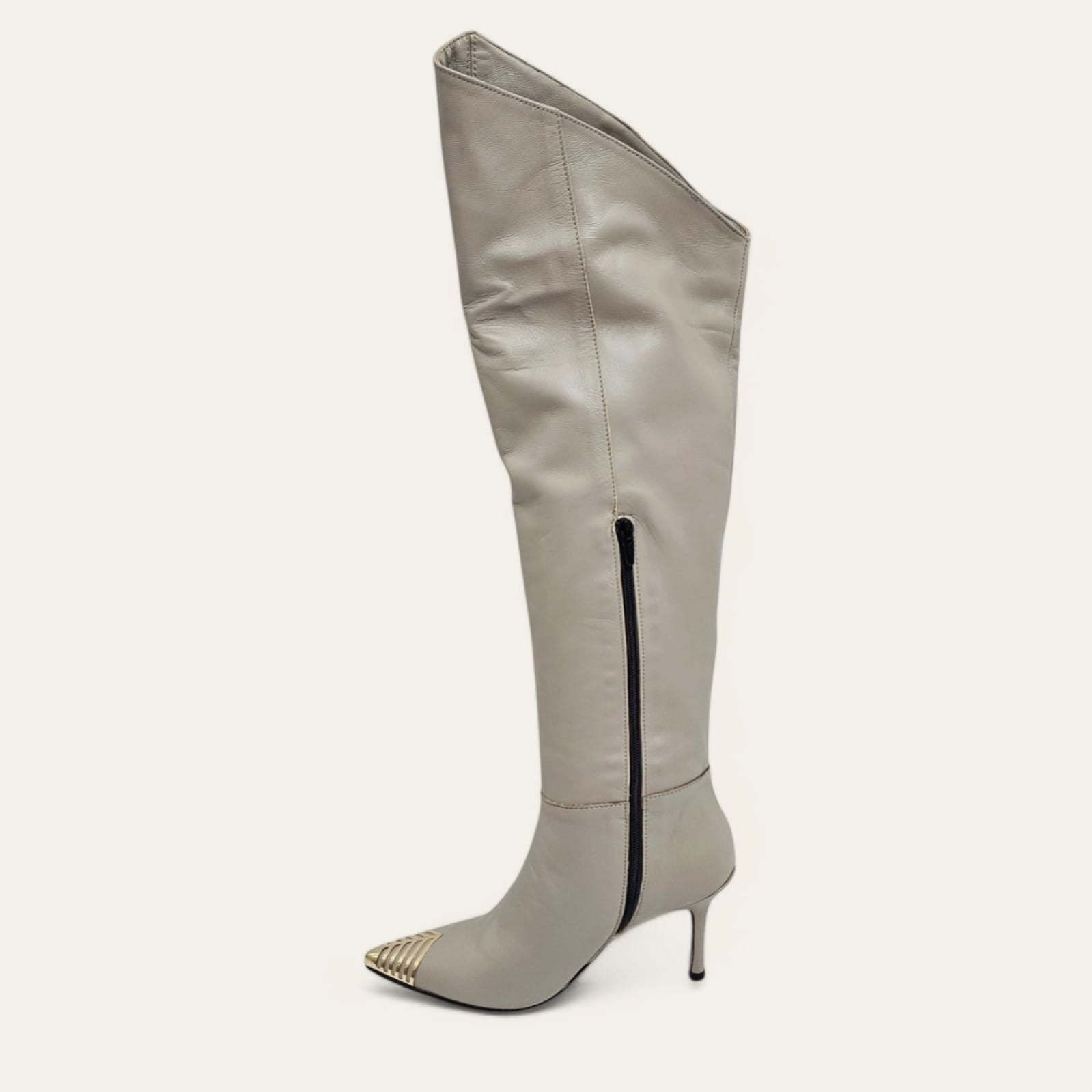 RITAH - Tubular boot in genuine dove-grey leather with asymmetric cut and golden toe - 9 cm heel