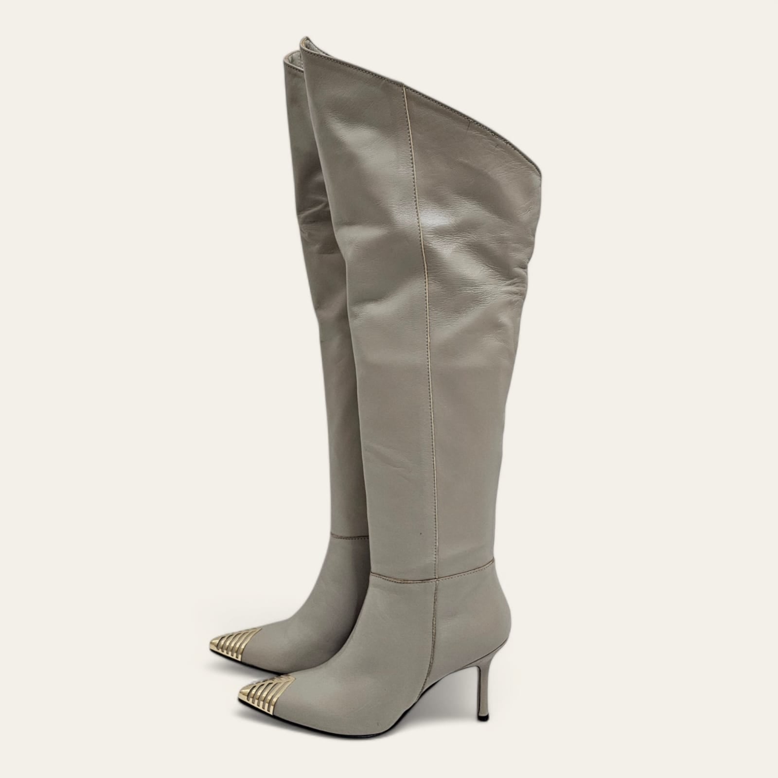 RITAH - Tubular boot in genuine dove-grey leather with asymmetric cut and golden toe - 9 cm heel