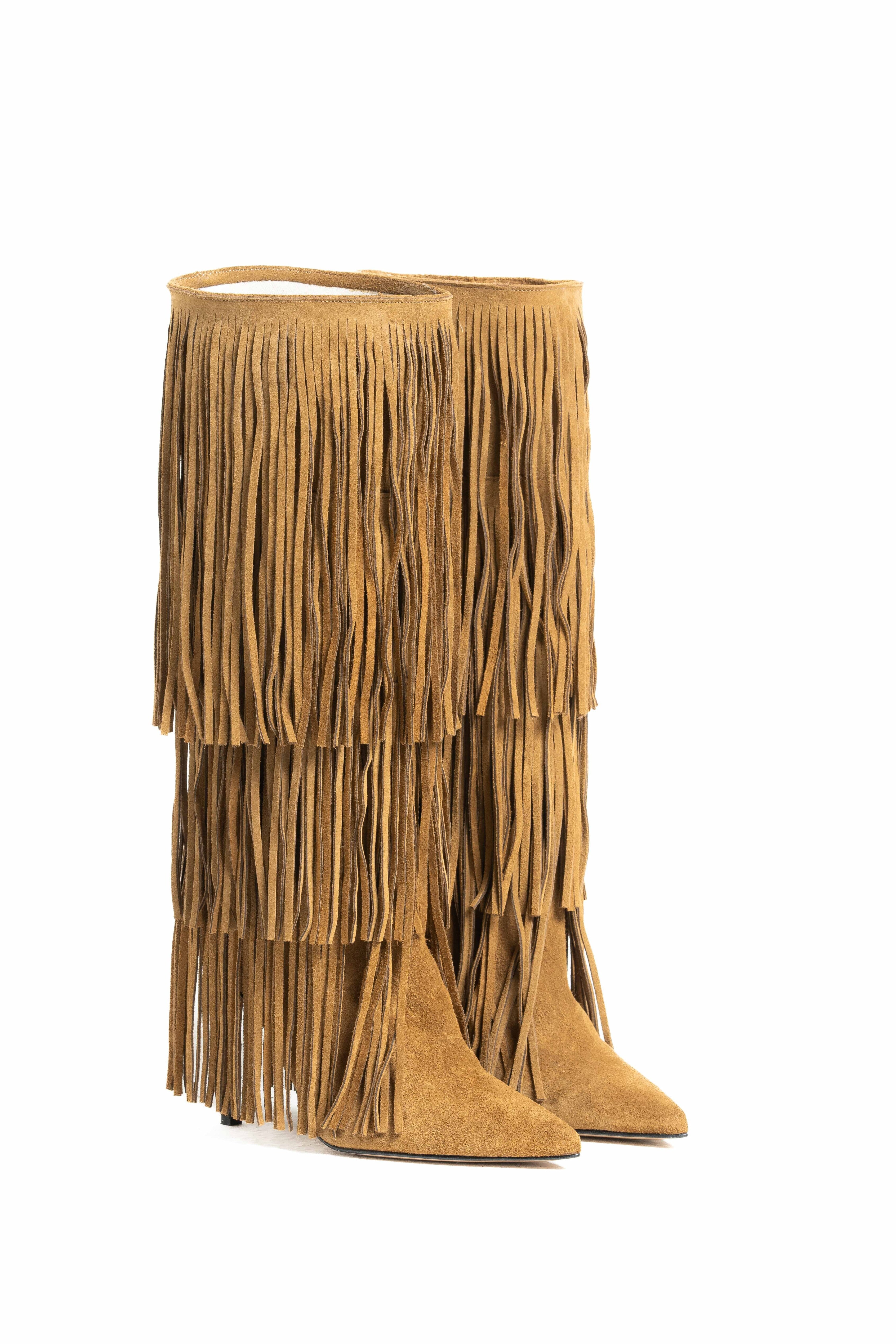 SCARLETT - Stivale Tubolare Sotto al Ginocchio Con Frange in Vero Camoscio Cuoio - Tacco Stiletto 10,5 Cm