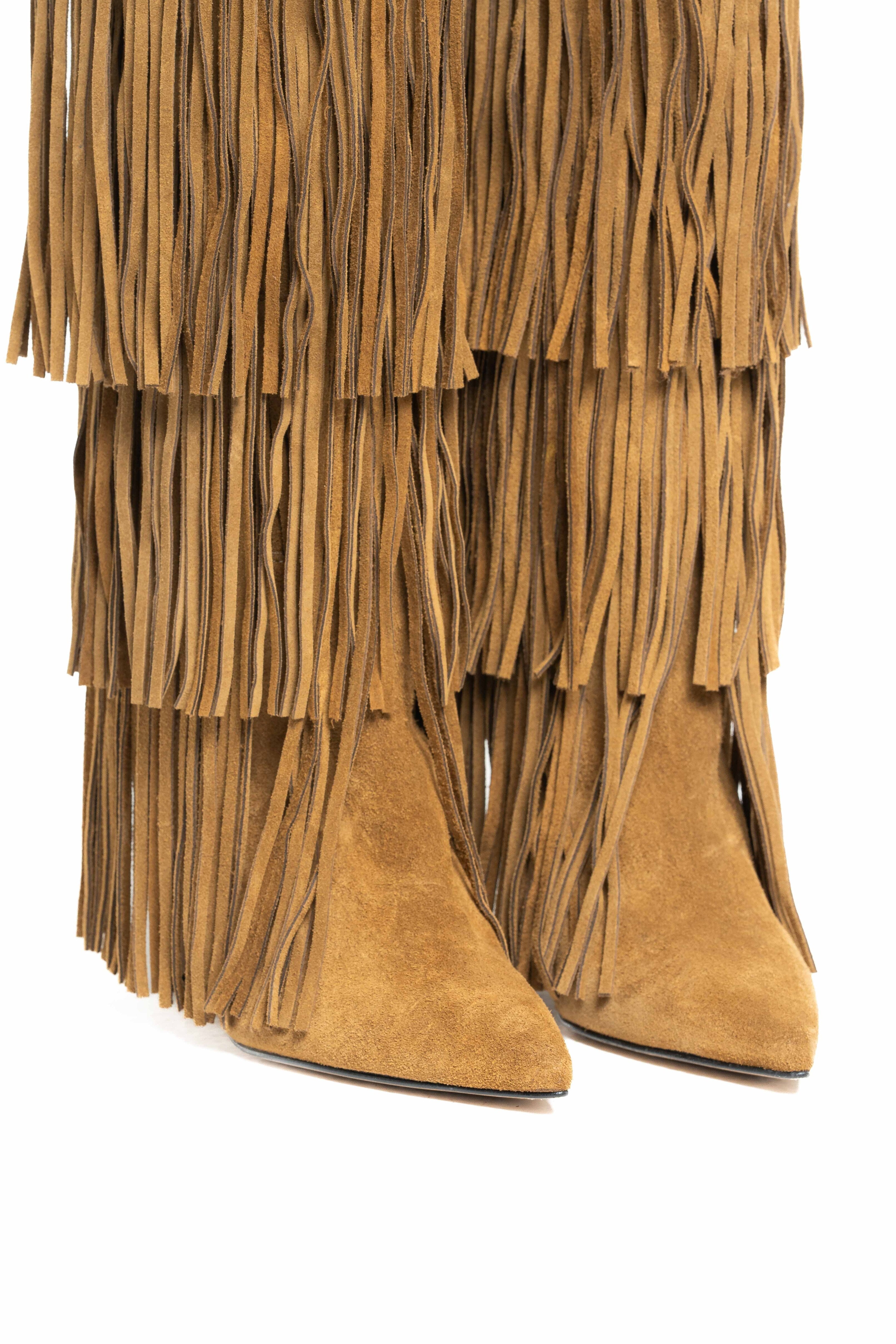 SCARLETT - Stivale Tubolare Sotto al Ginocchio Con Frange in Vero Camoscio Cuoio - Tacco Stiletto 10,5 Cm