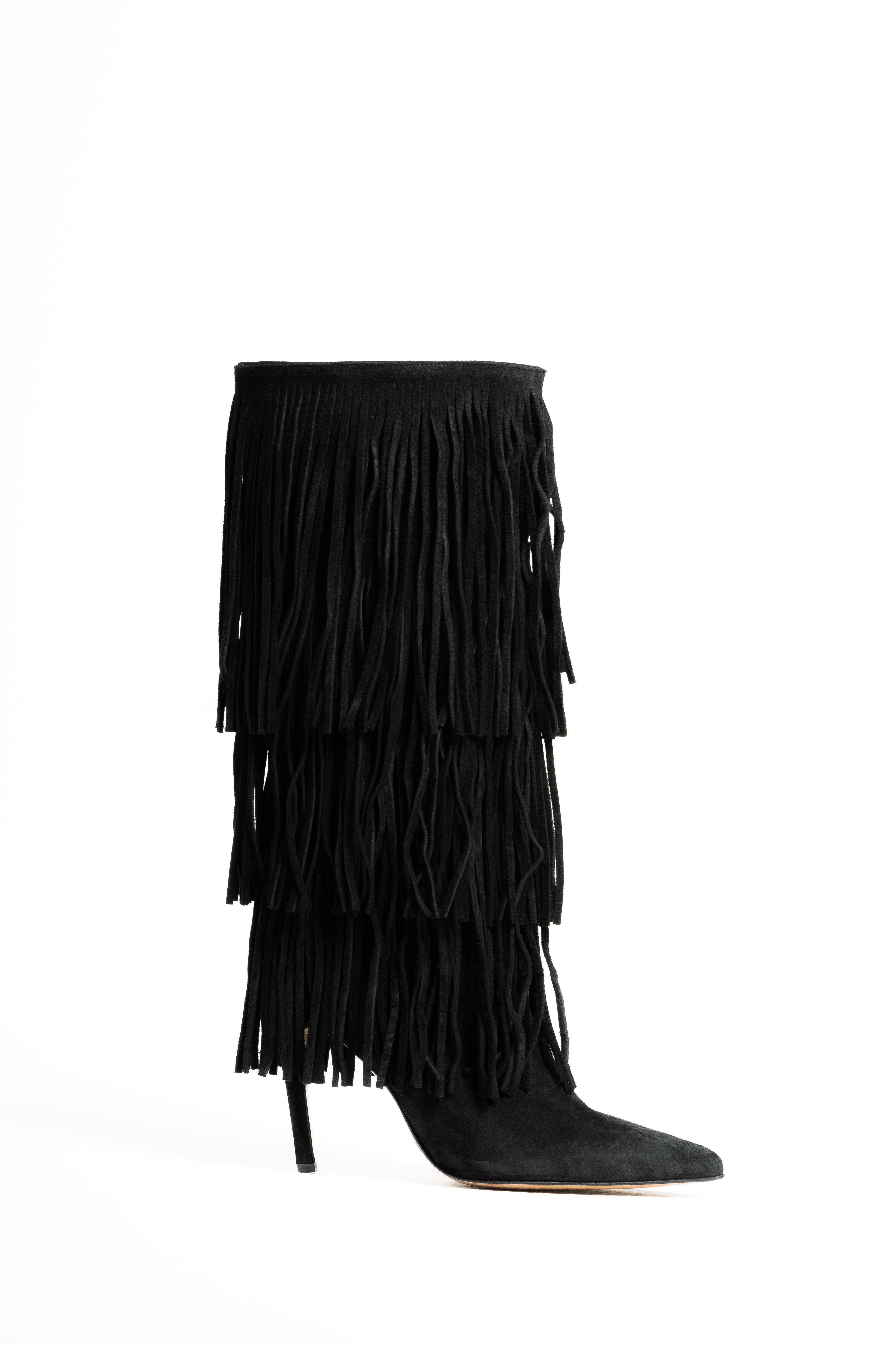 SCARLETT - Stivale Tubolare Sotto al Ginocchio Con Frange in Vero Camoscio Nero - Tacco Stiletto 10,5 Cm