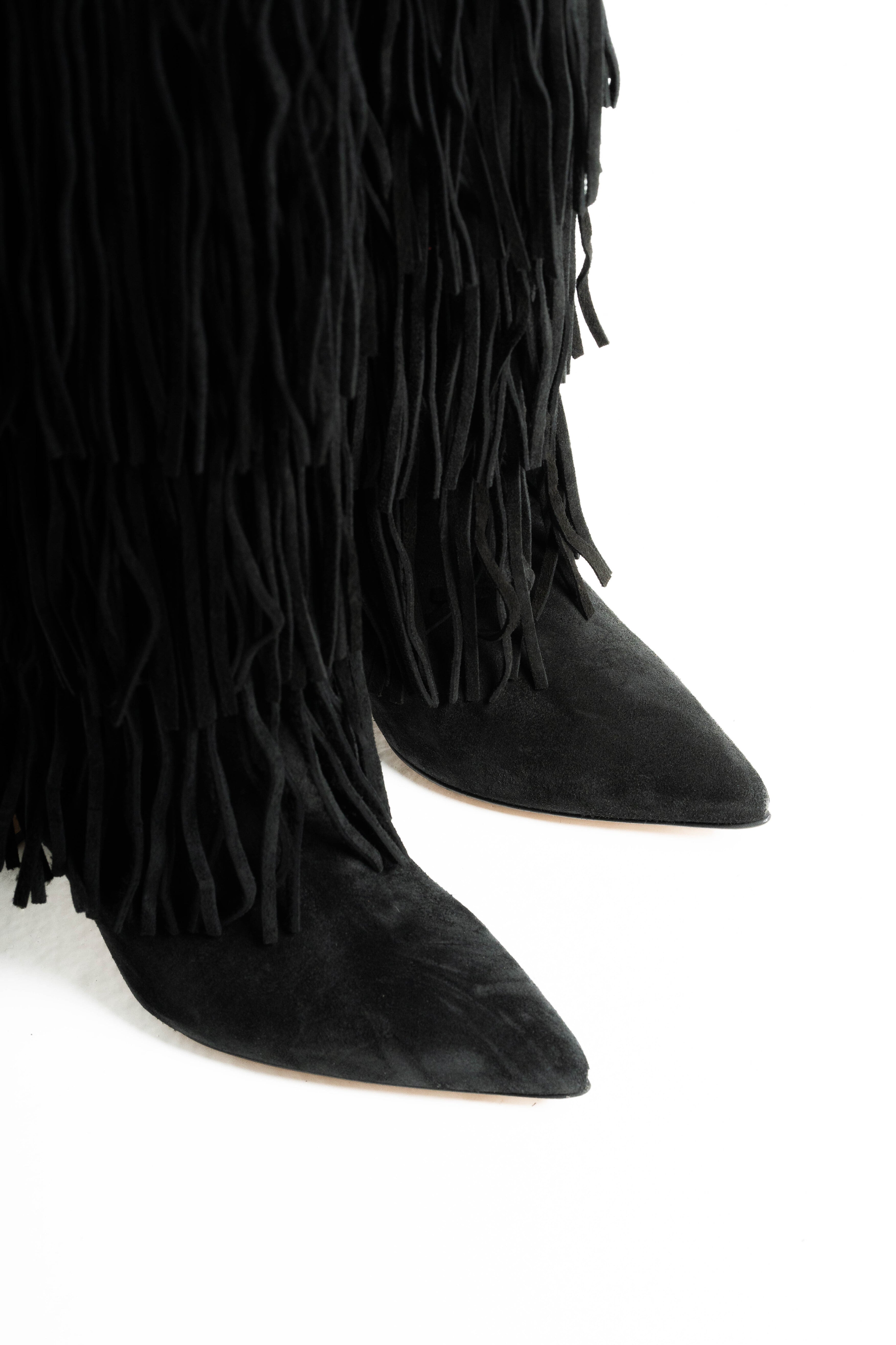 SCARLETT - Stivale Tubolare Sotto al Ginocchio Con Frange in Vero Camoscio Nero - Tacco Stiletto 10,5 Cm