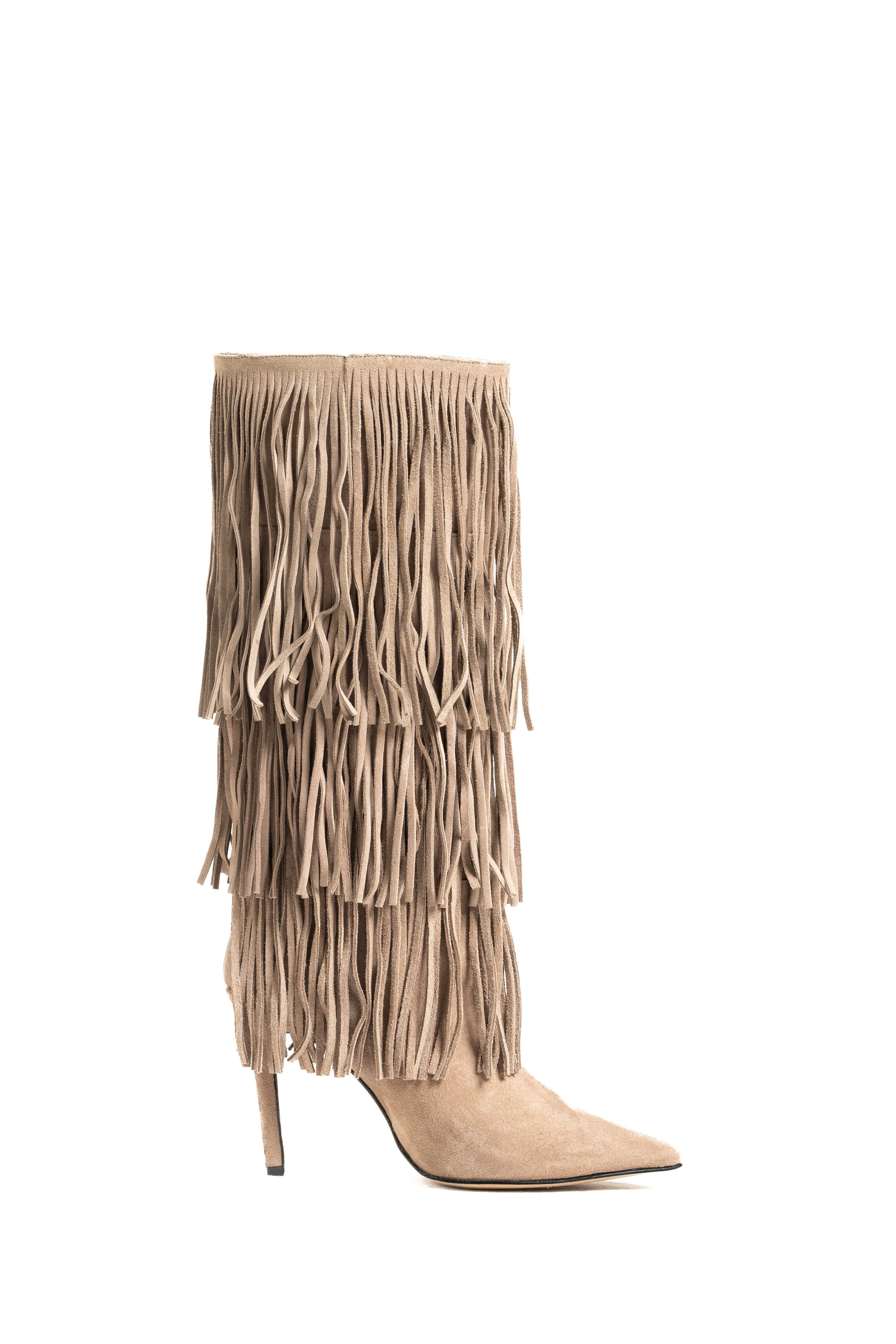 SCARLETT - Stivale Tubolare Sotto al Ginocchio Con Frange in Vero Camoscio Tortora - Tacco Stiletto 10,5 Cm