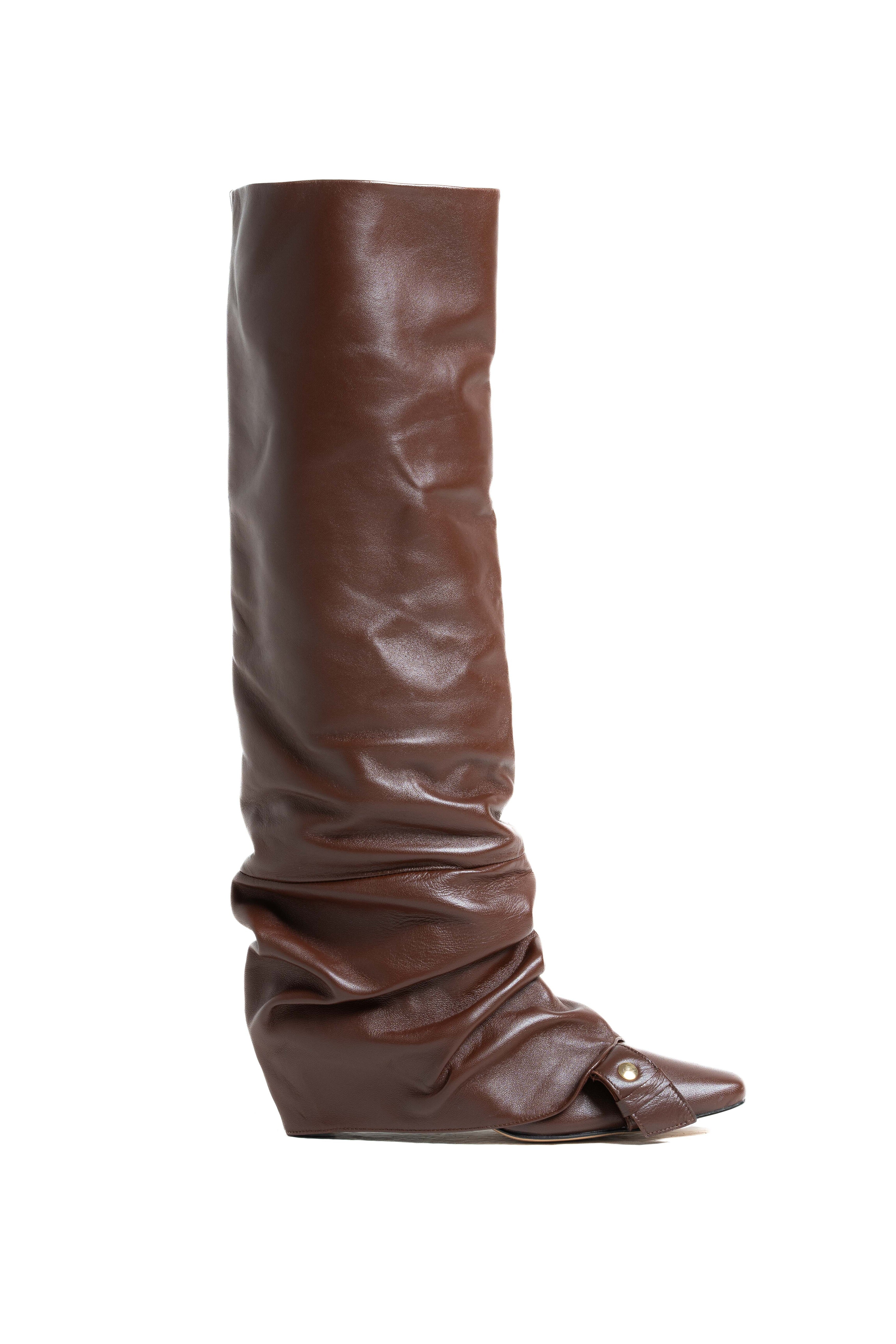 SIENNA - Stivali Cuissard in Pelle Cioccolato Effetto Stropicciato - Tacco Roghetto 5 Cm