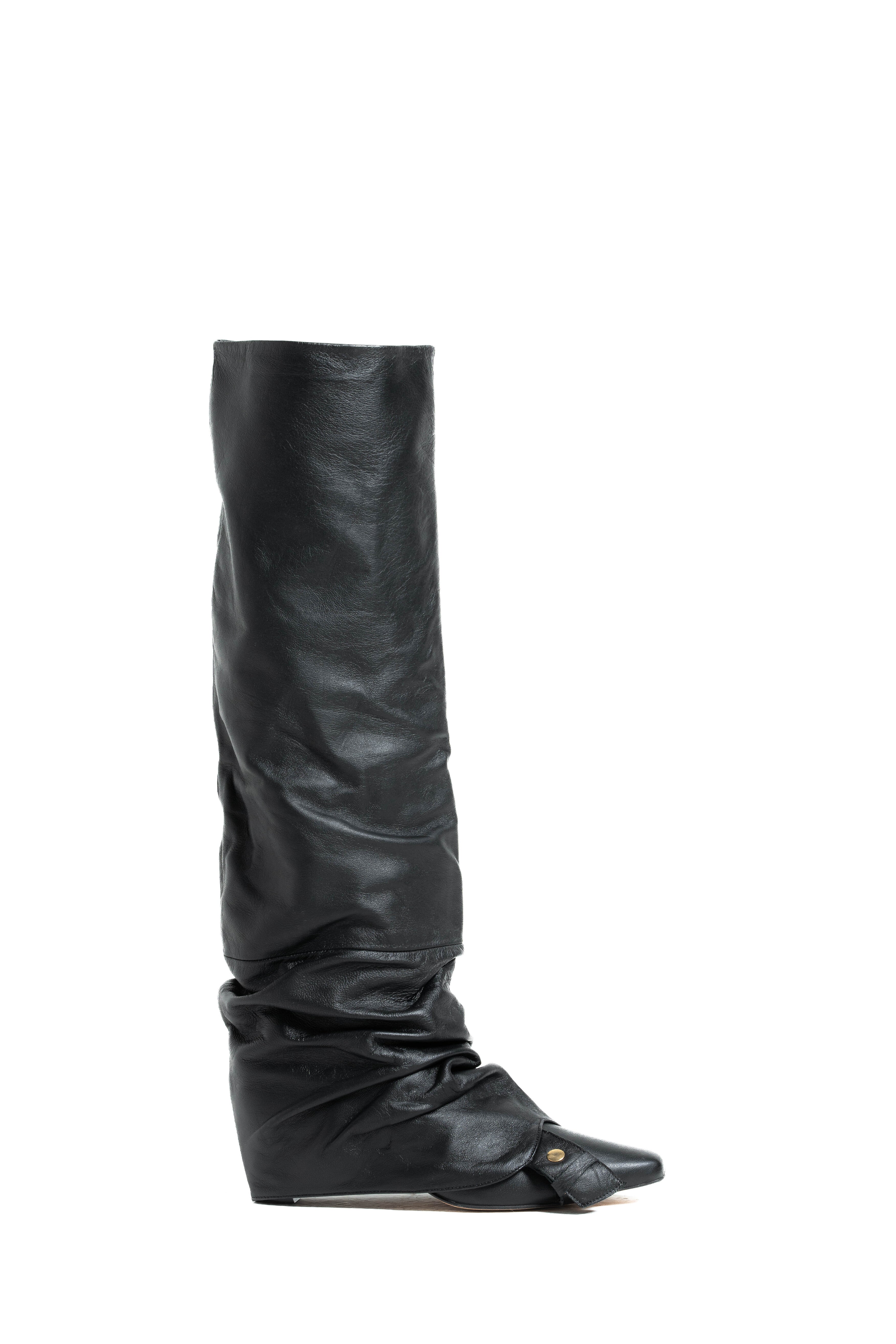 SIENNA - Stivali Cuissard  in Pelle Nera Effetto Stropicciato - Tacco Roghetto 5 Cm