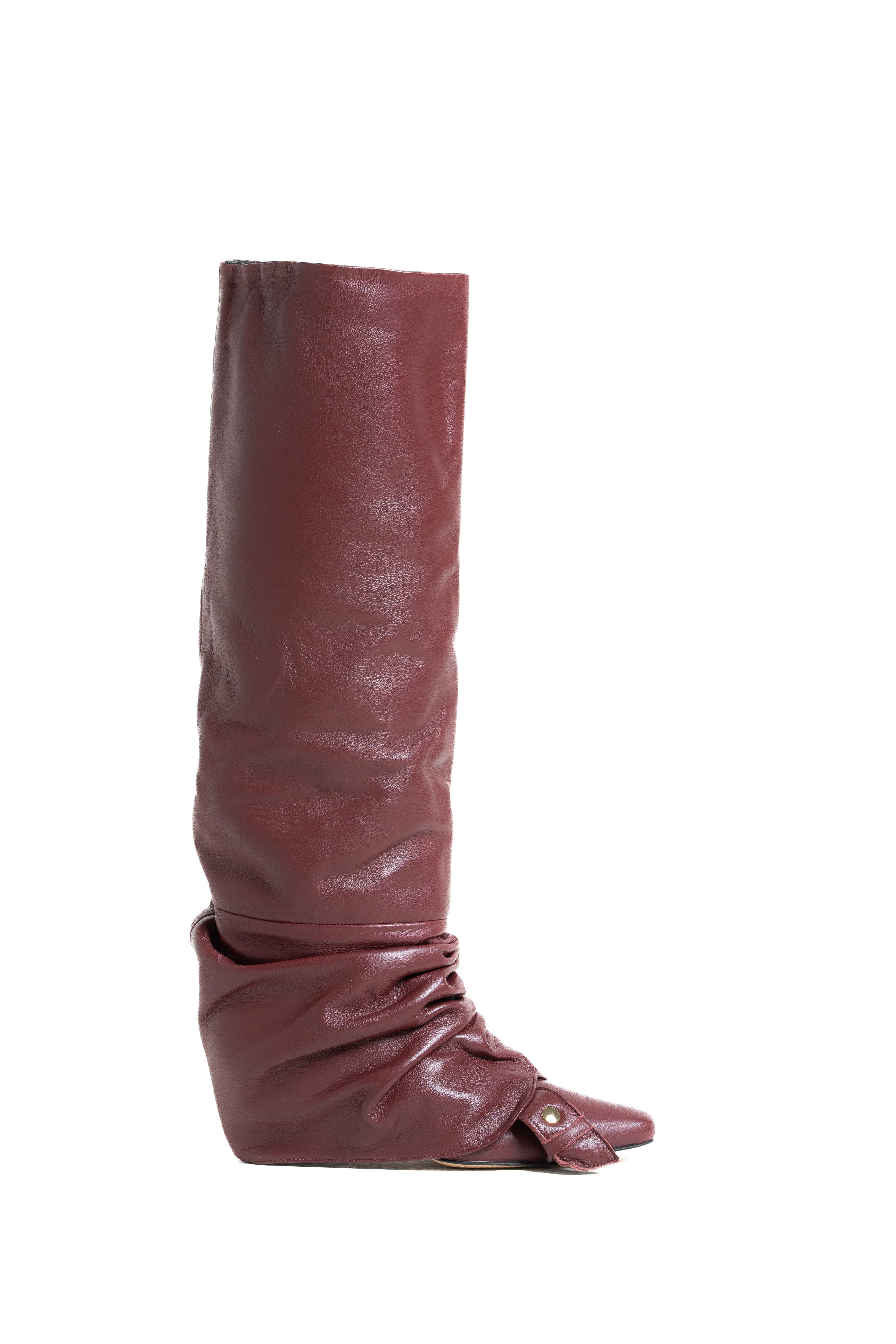 SIENNA - Stivali Cuissard  in Pelle Bordeaux Effetto Stropicciato - Tacco Roghetto 5 Cm