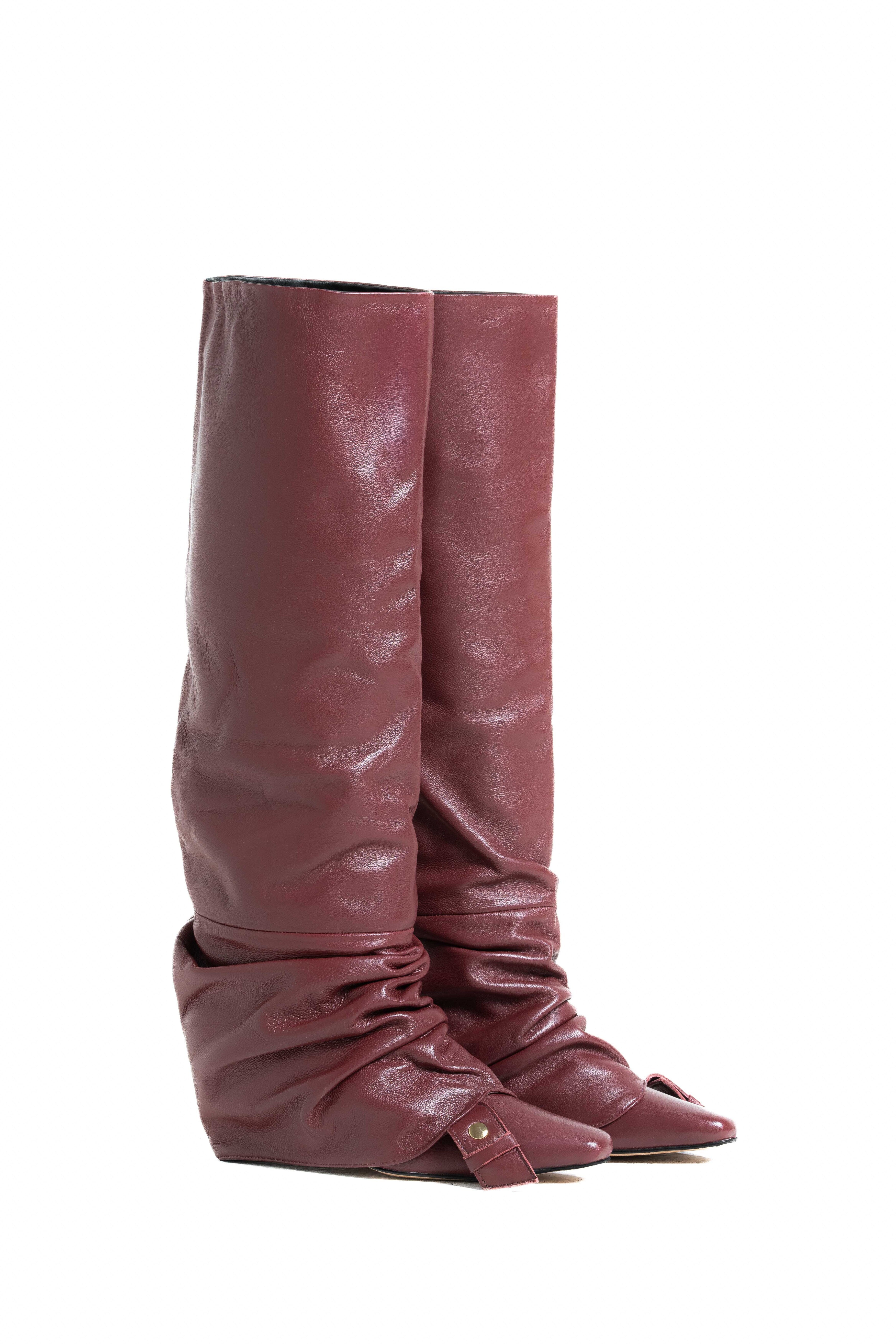 SIENNA - Stivali Cuissard  in Pelle Bordeaux Effetto Stropicciato - Tacco Roghetto 5 Cm