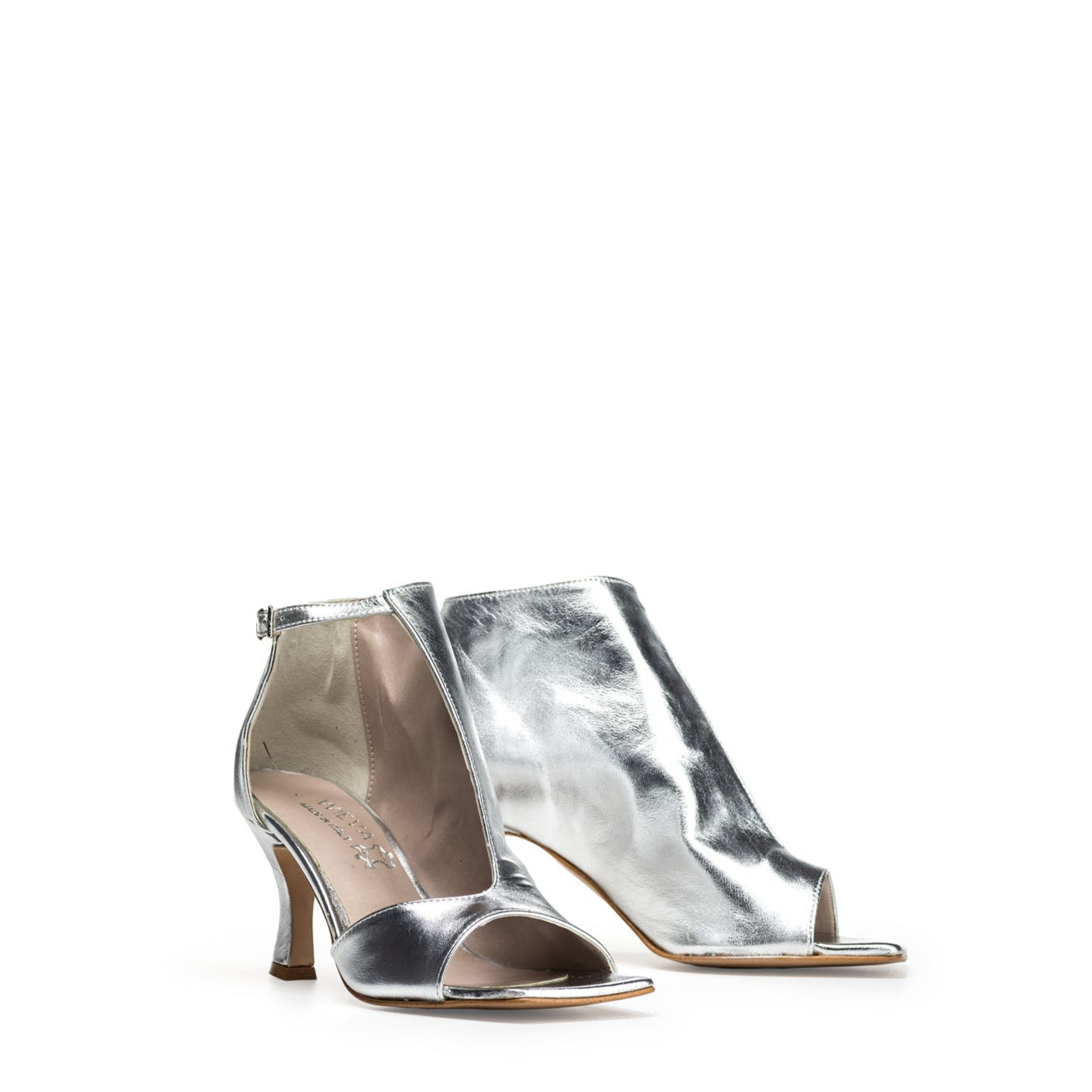 SIMMY - Peep-toe ankle boot with side opening in genuine silver laminated leather with 7 cm heel