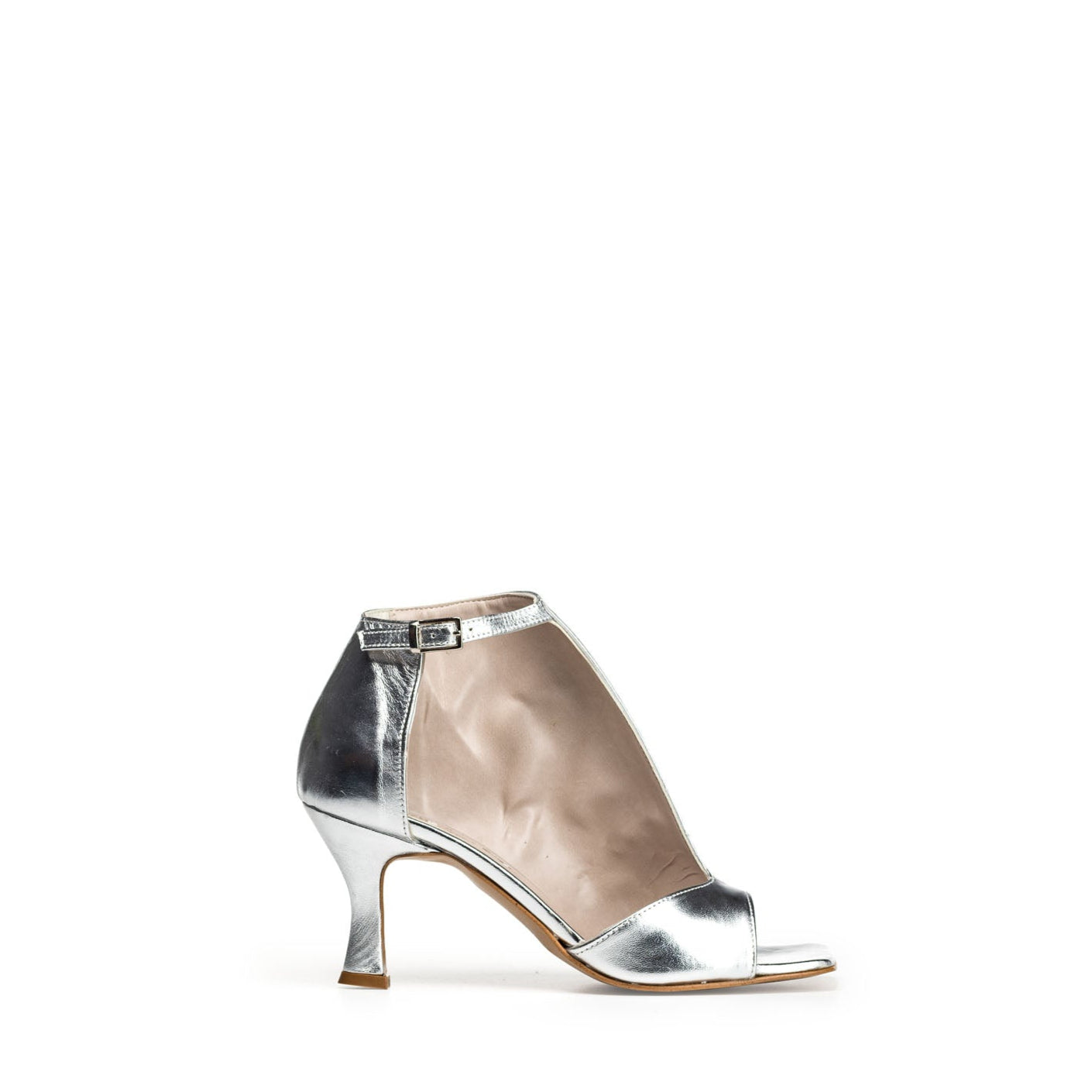 SIMMY - Peep-toe ankle boot with side opening in genuine silver laminated leather with 7 cm heel