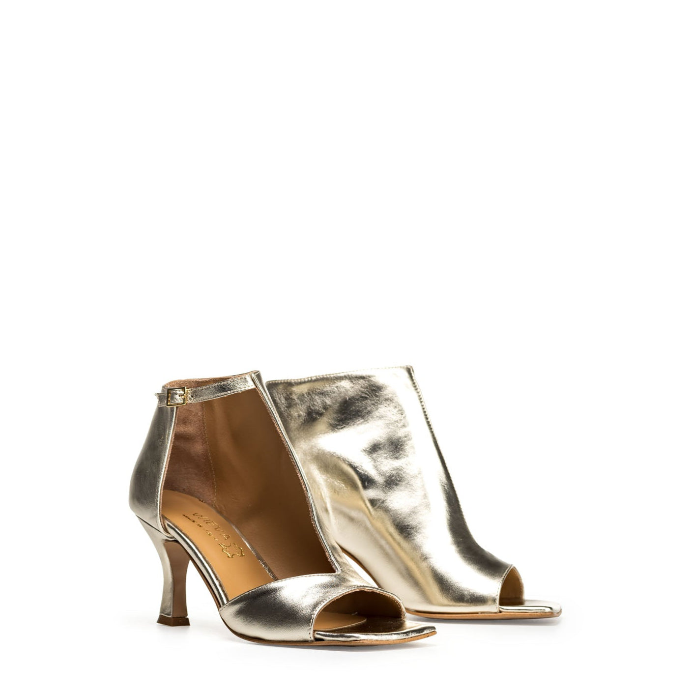 SIMMY - Open Toe Ankle Boot with Side Opening in Platinum Laminated Genuine Leather with 7cm Heel