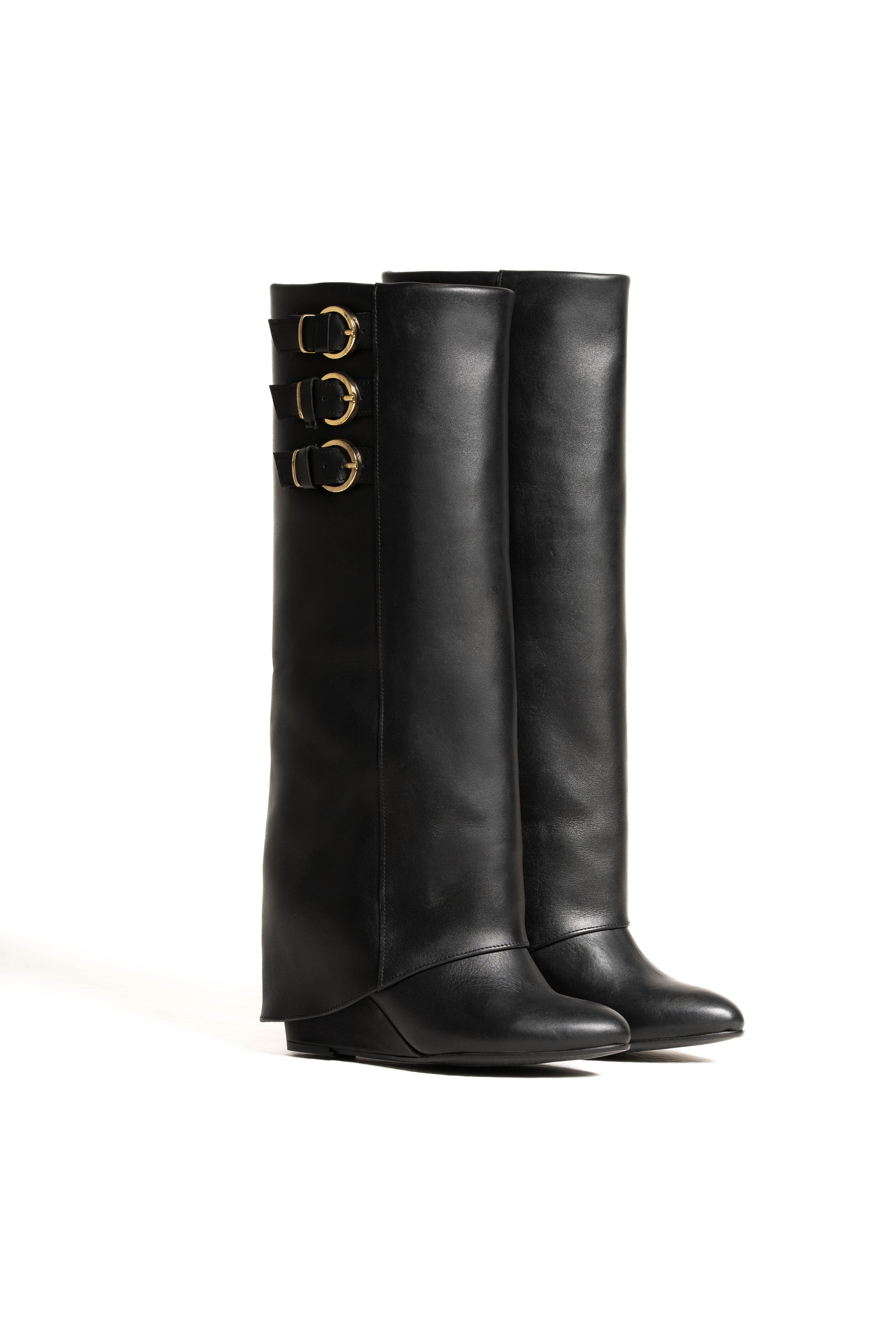 SOPHIE_BELT - Botín tubular en piel auténtica con hebillas y tacón/cuña de 7 cm