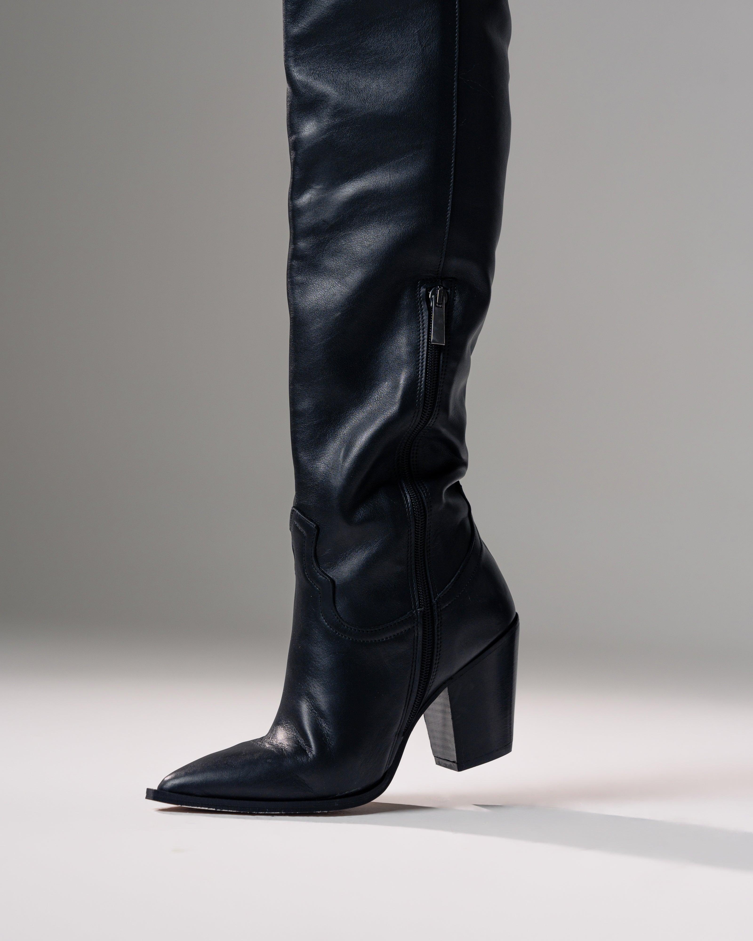 SOUND_TOP - Camperos over-the-knee tubular boot in genuine black leather with 7 cm heel