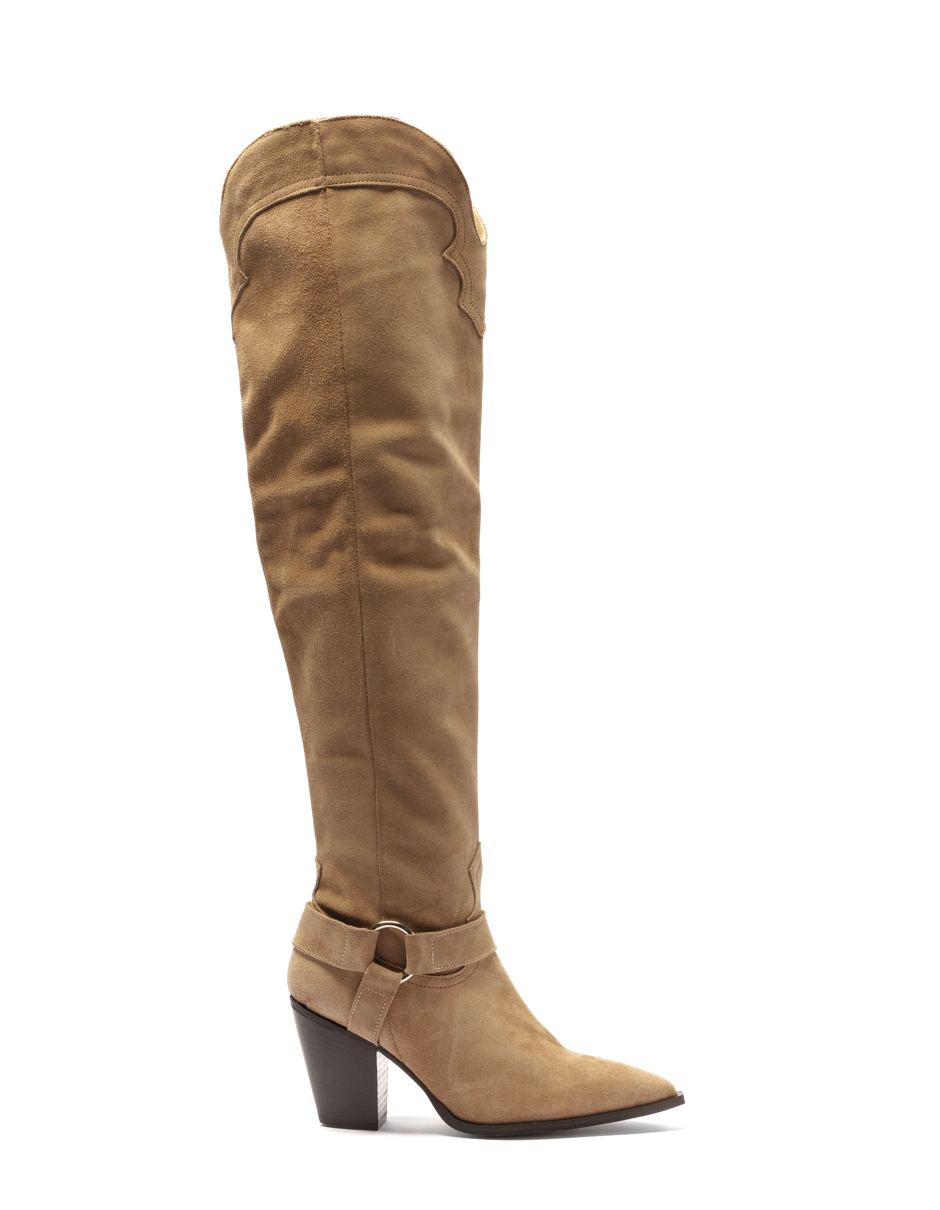 SOUND_TOP_CAVALIER - Camperos over-the-knee tubular boot in real dove grey suede with ankle strap, 7 cm heel