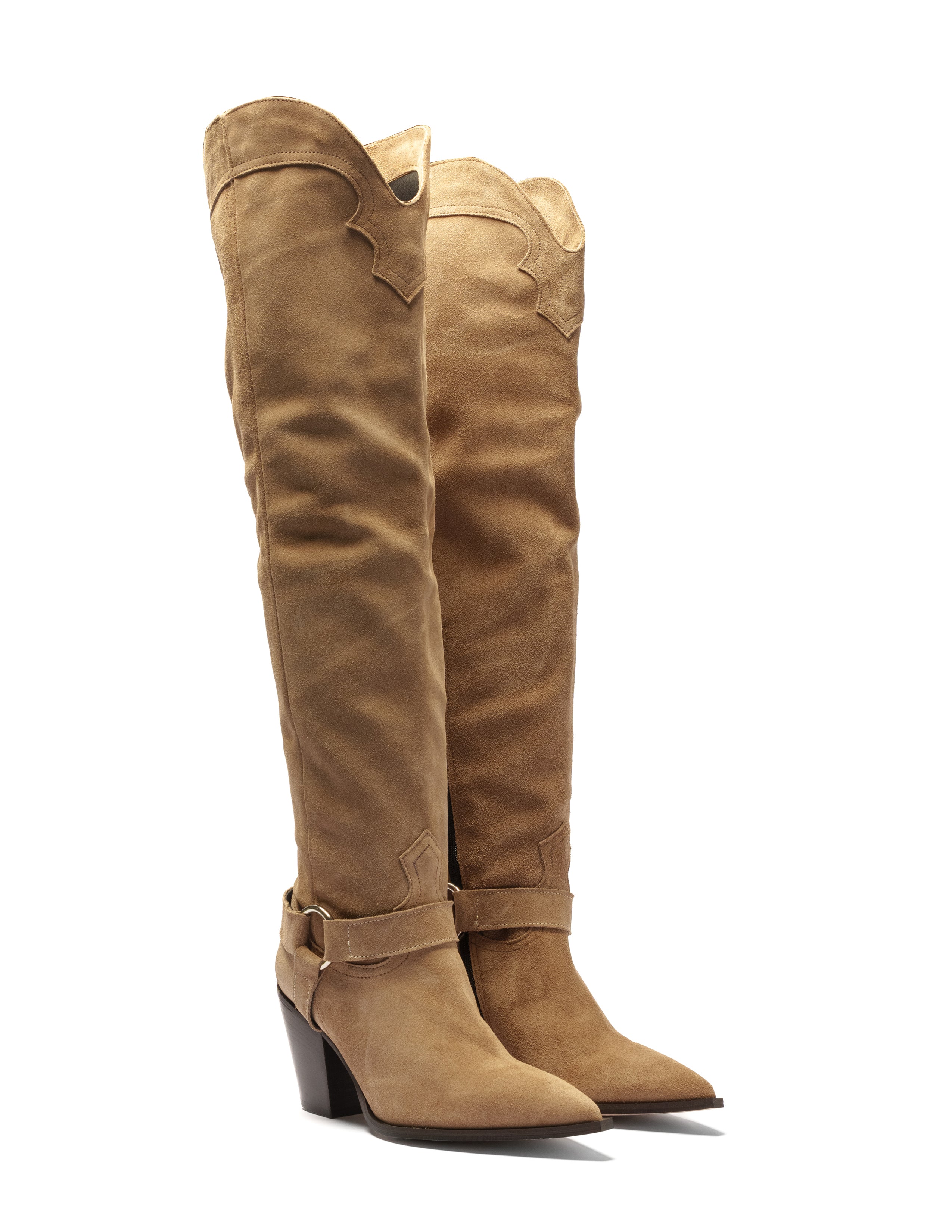 SOUND_TOP_CAVALIER - Camperos over-the-knee tubular boot in real dove grey suede with ankle strap, 7 cm heel