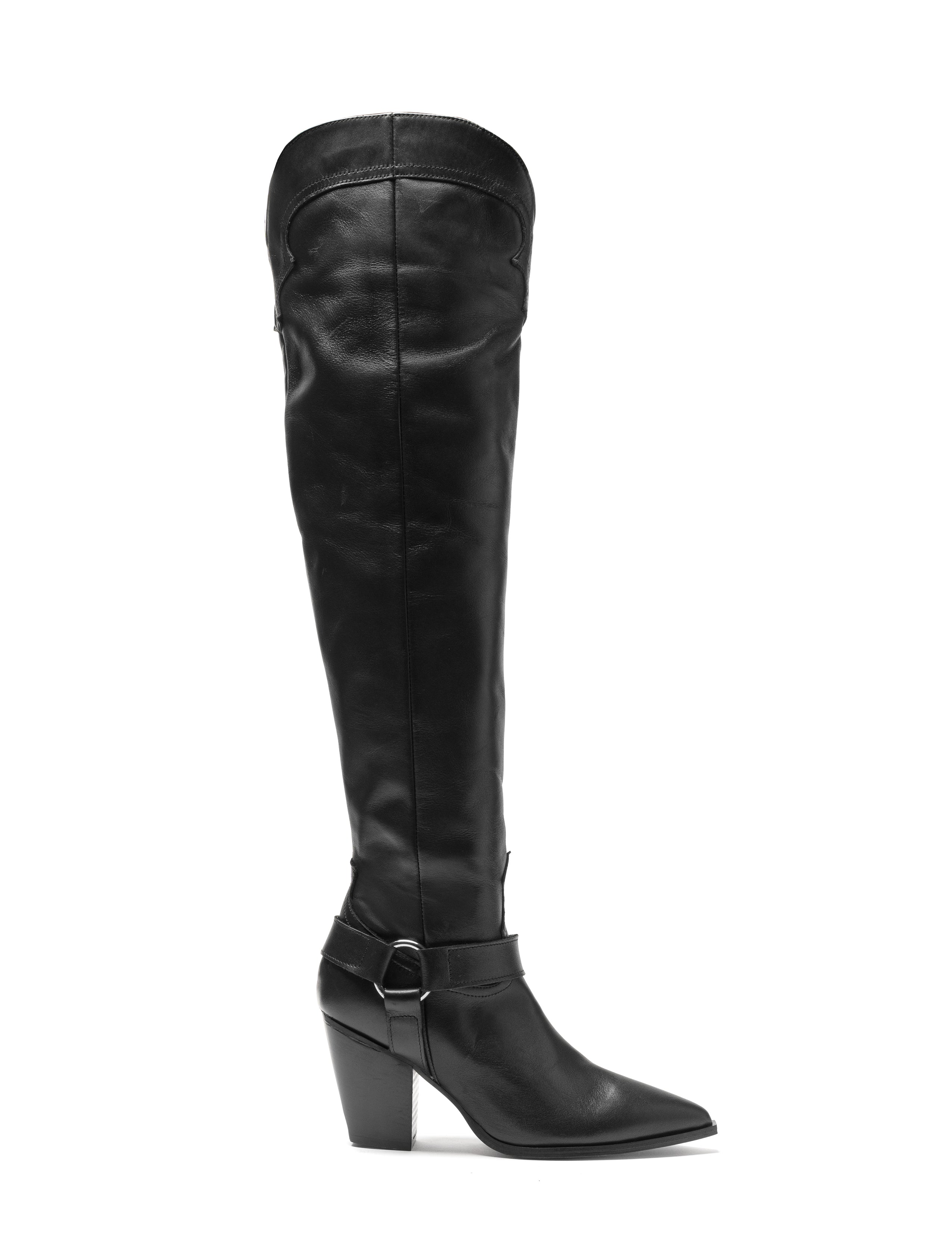 SOUND_TOP_CAVALIER - Camperos tubular boot over the knee in real black leather with ankle strap 7 cm heel