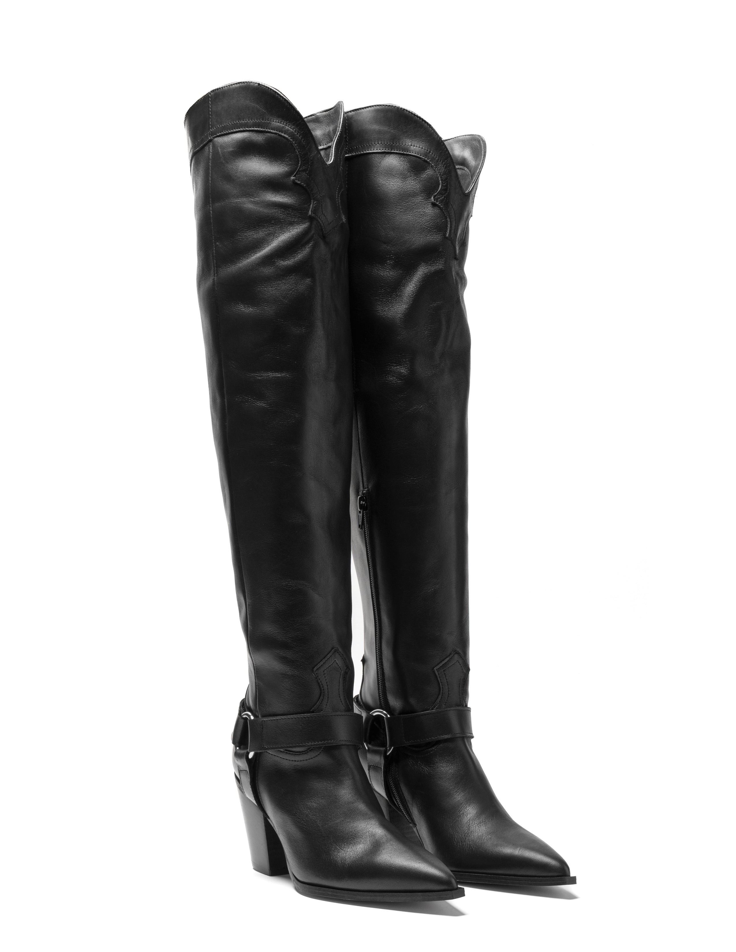 SOUND_TOP_CAVALIER - Camperos tubular boot over the knee in real black leather with ankle strap 7 cm heel