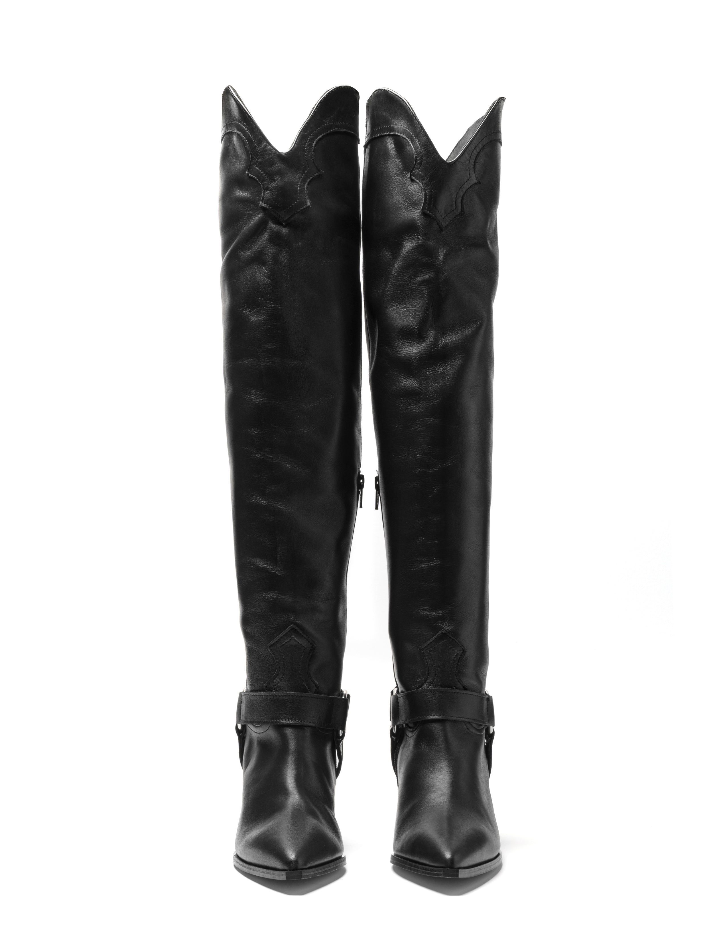 SOUND_TOP_CAVALIER - Camperos tubular boot over the knee in real black leather with ankle strap 7 cm heel