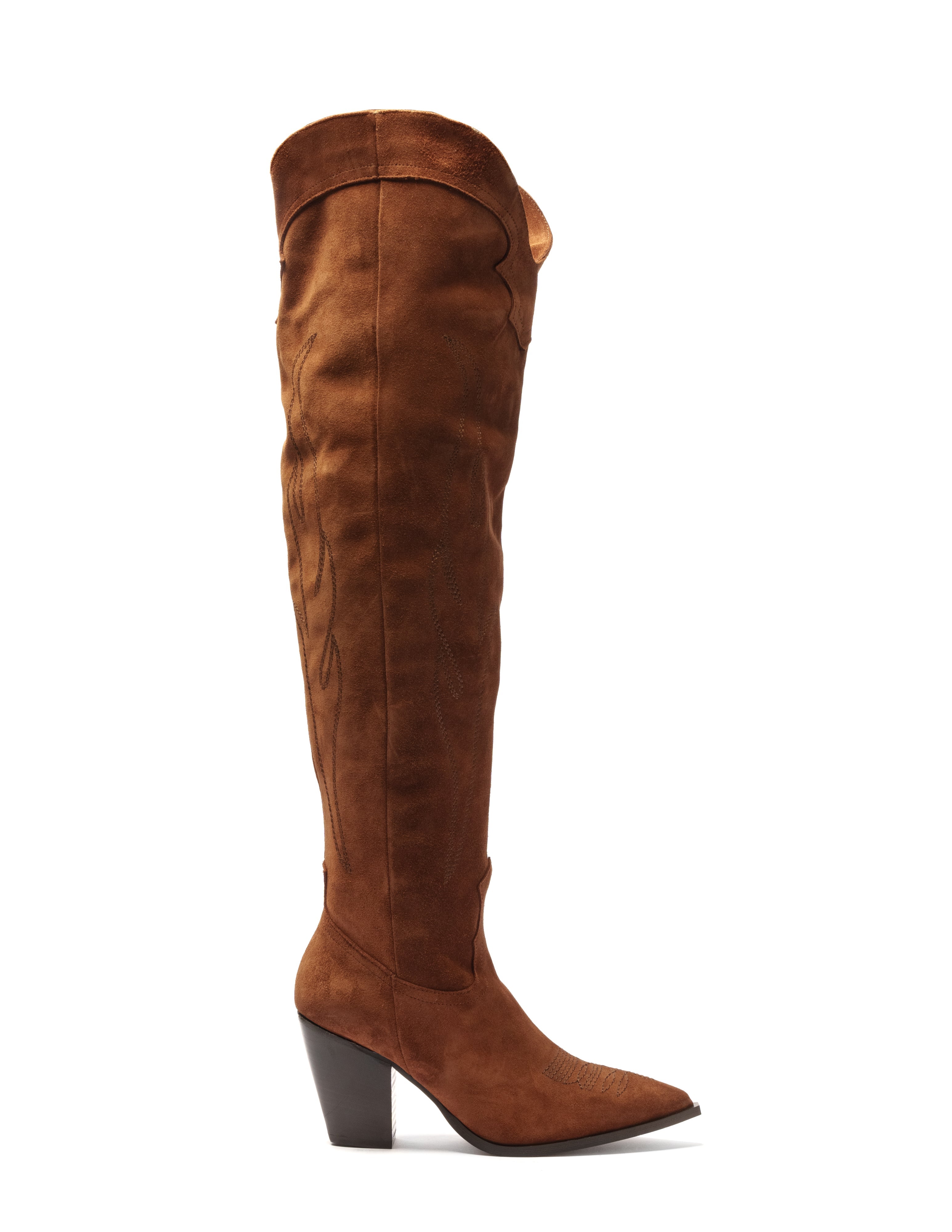 SOUND_TOP_FLAME - Camperos over-the-knee tubular boot in real burnt suede with embroidery and 7 cm heel