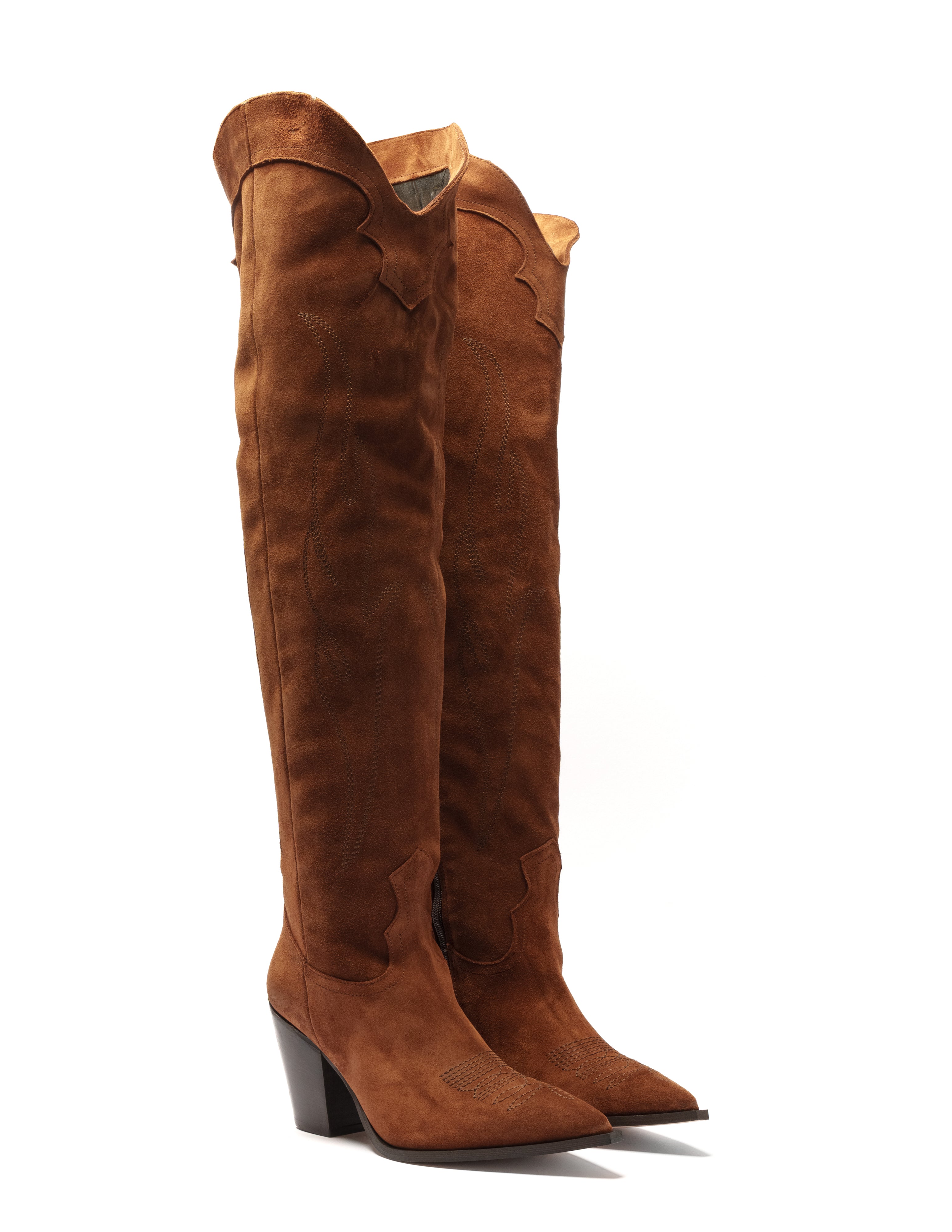 SOUND_TOP_FLAME - Camperos over-the-knee tubular boot in real burnt suede with embroidery and 7 cm heel