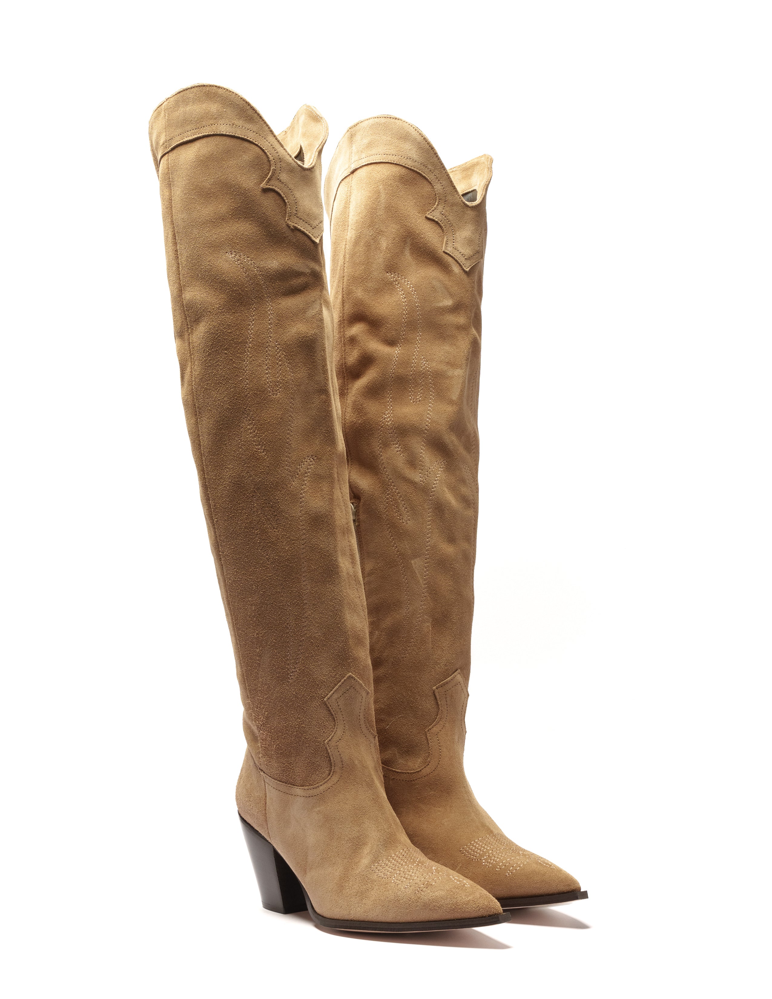 SOUND_TOP_FLAME - Camperos over-the-knee tubular boot in real dove grey suede with embroidery and 7 cm heel