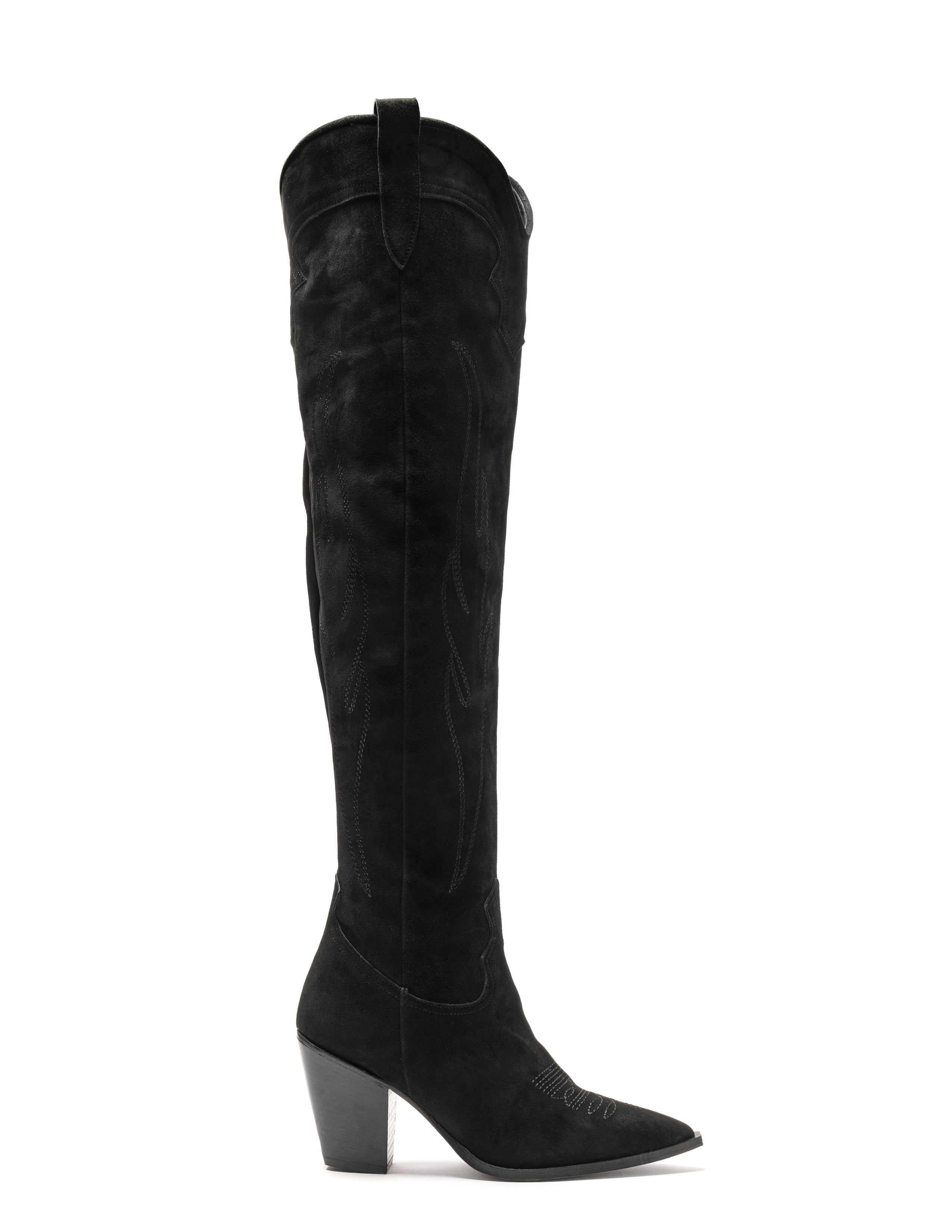 SOUND_TOP_FLAME - Camperos over-the-knee tubular boot in real black suede with embroidery and 7 cm heel