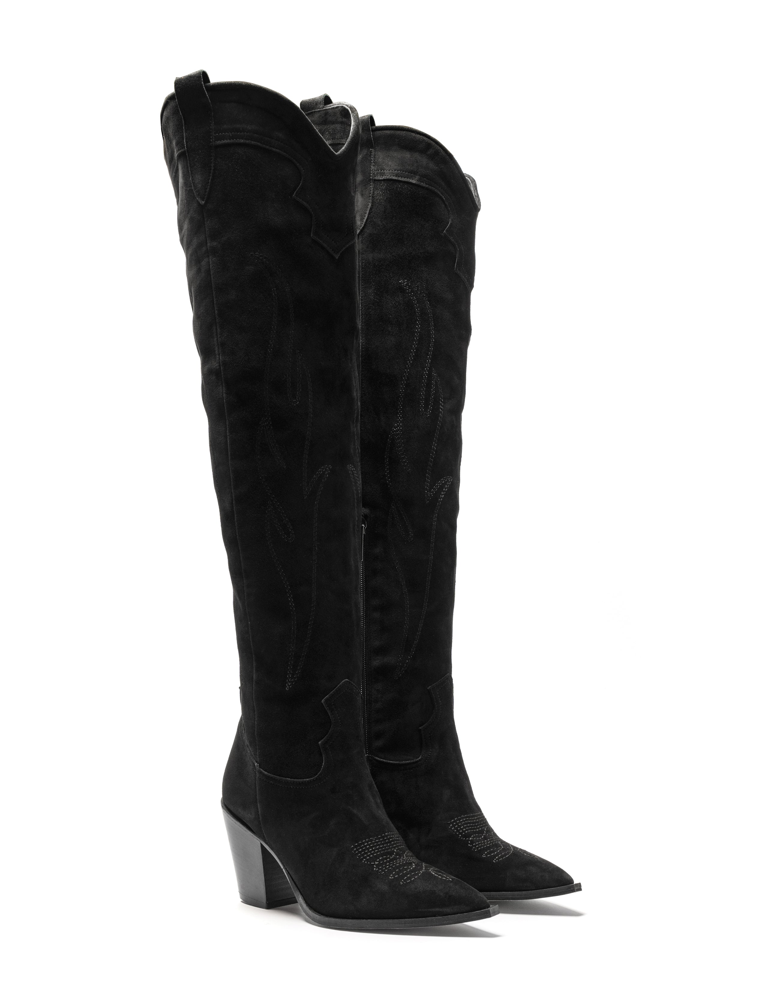 SOUND_TOP_FLAME - Camperos over-the-knee tubular boot in real black suede with embroidery and 7 cm heel