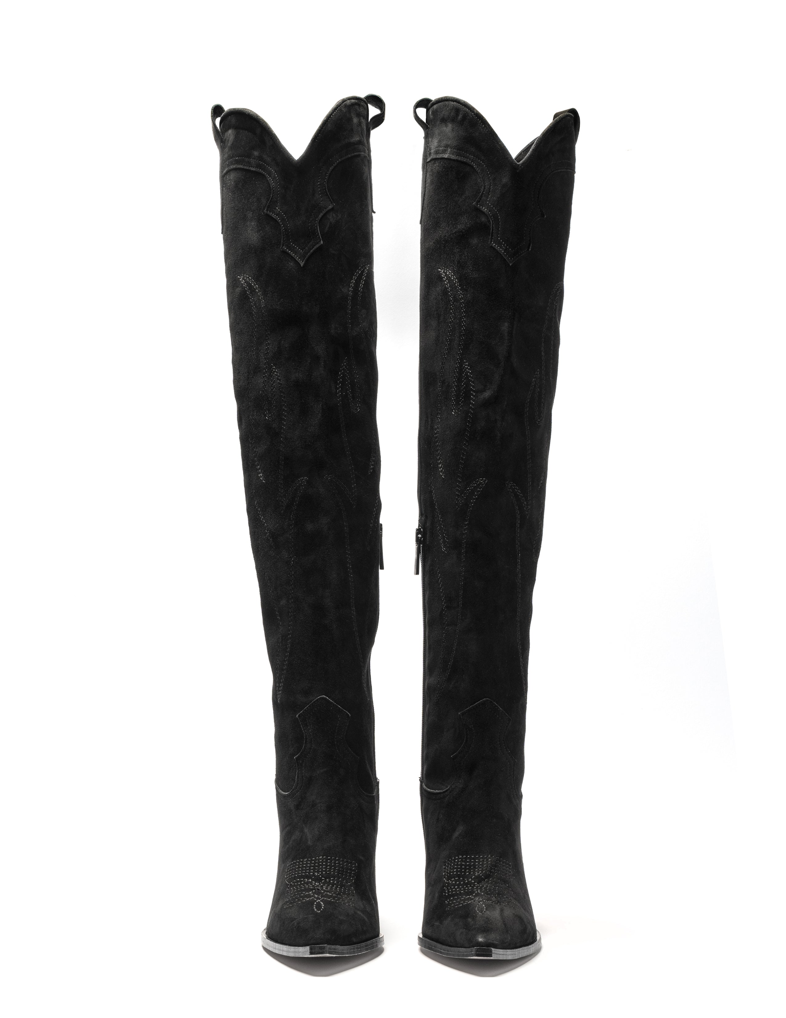 SOUND_TOP_FLAME - Camperos over-the-knee tubular boot in real black suede with embroidery and 7 cm heel