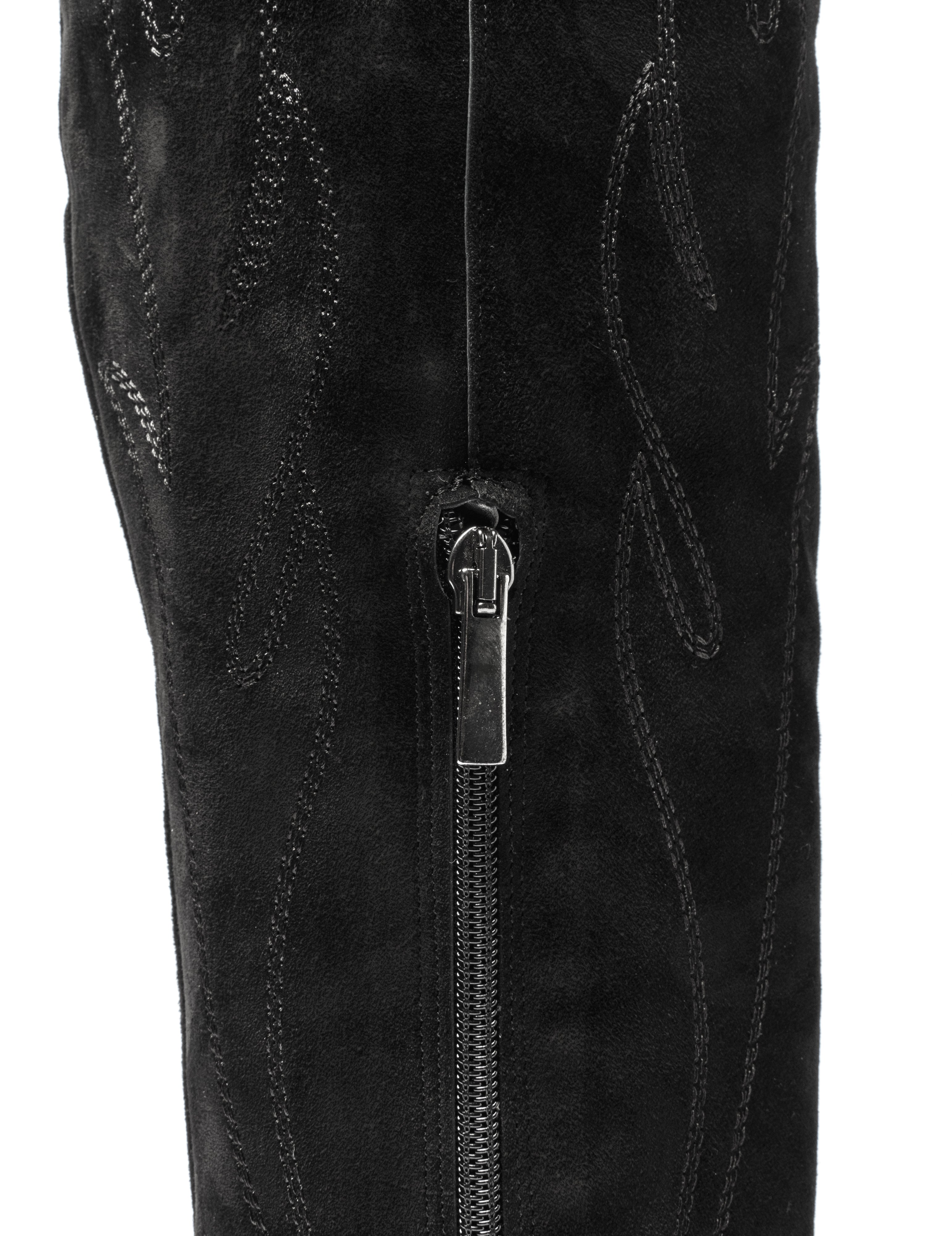 SOUND_TOP_FLAME - Camperos over-the-knee tubular boot in real black suede with embroidery and 7 cm heel