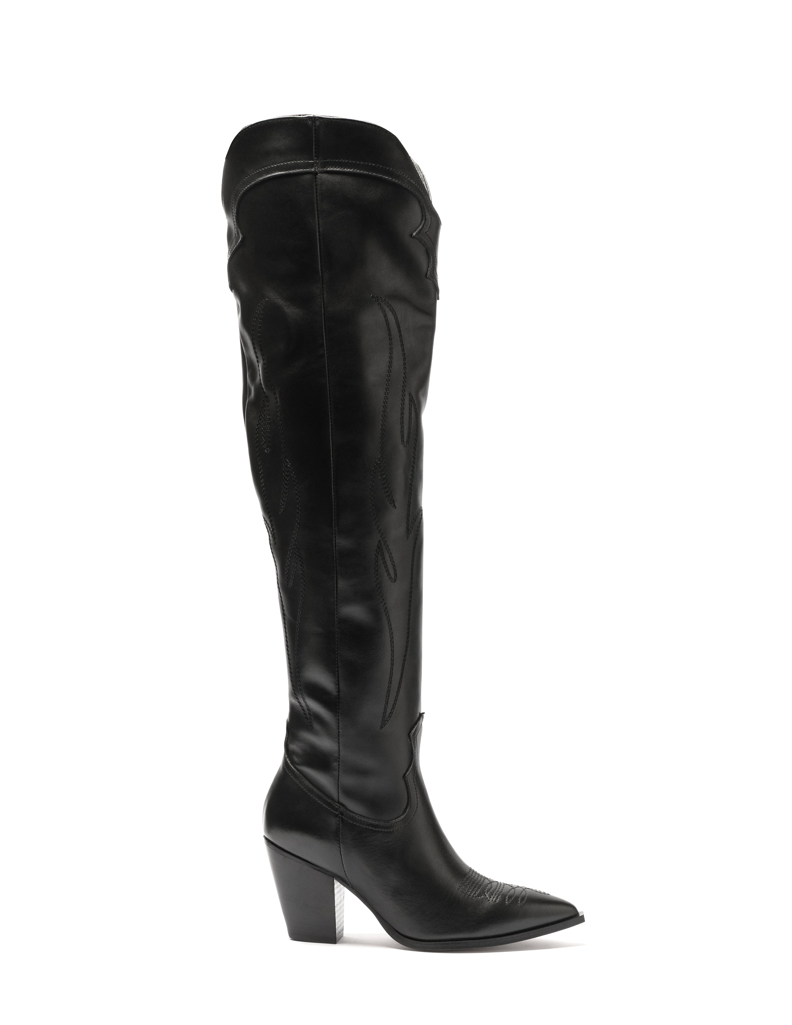 SOUND_TOP_FLAME - Camperos over-the-knee tubular boot in genuine black leather with embroidery and 7 cm heel