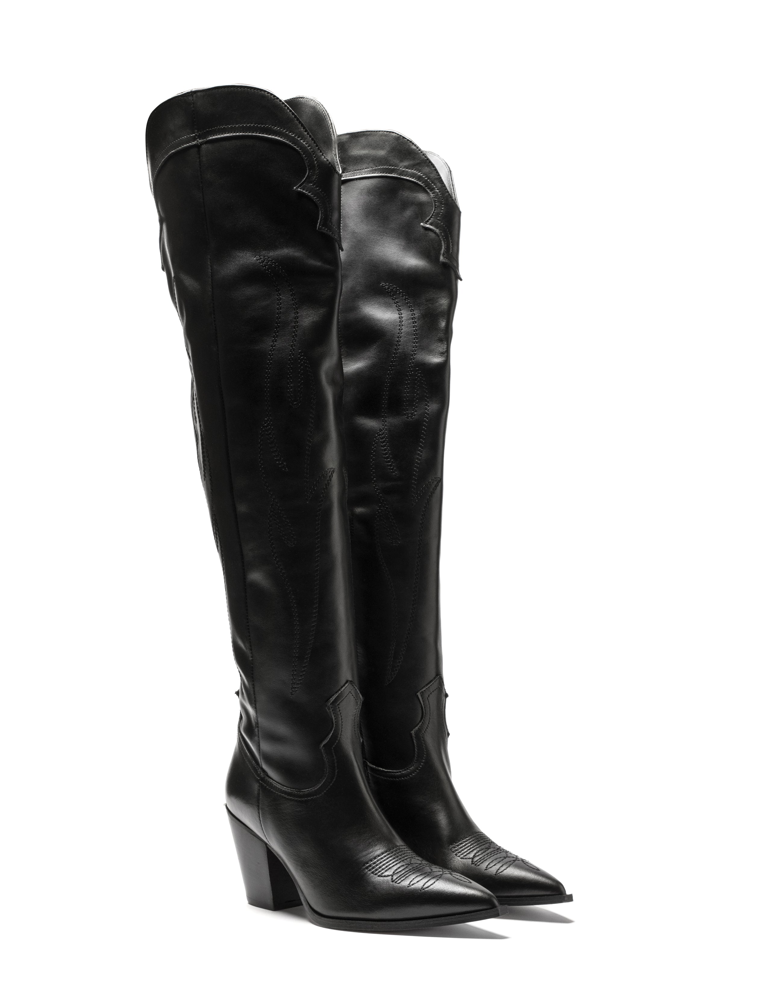 SOUND_TOP_FLAME - Camperos over-the-knee tubular boot in genuine black leather with embroidery and 7 cm heel