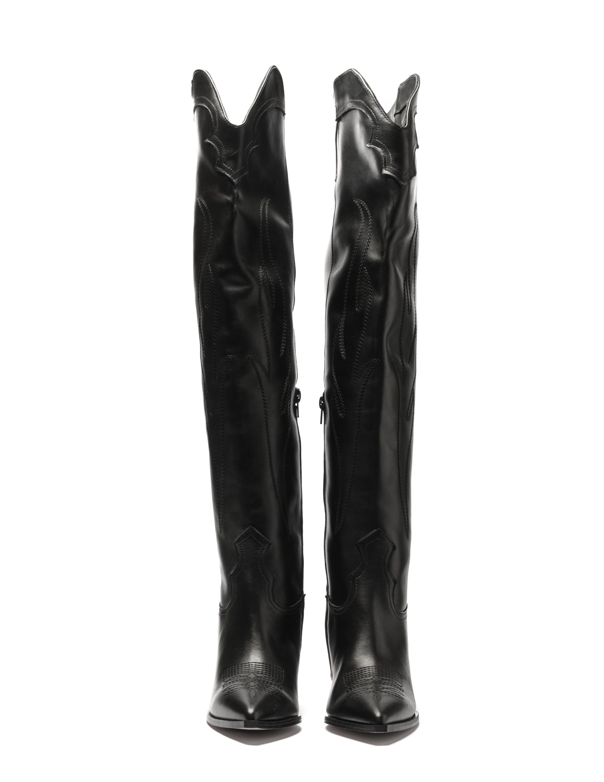 SOUND_TOP_FLAME - Camperos over-the-knee tubular boot in genuine black leather with embroidery and 7 cm heel