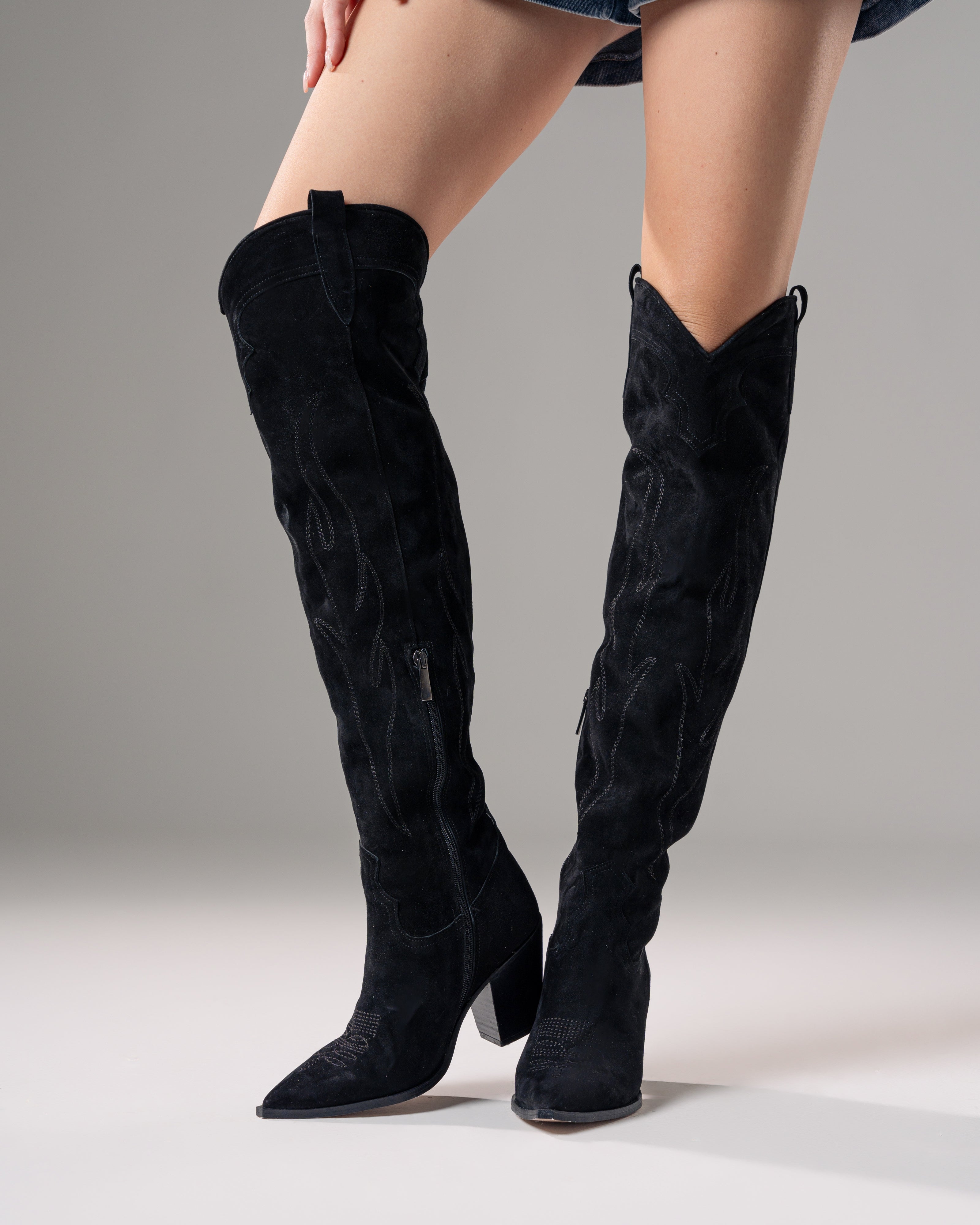 SOUND_TOP_FLAME - Camperos over-the-knee tubular boot in real black suede with embroidery and 7 cm heel