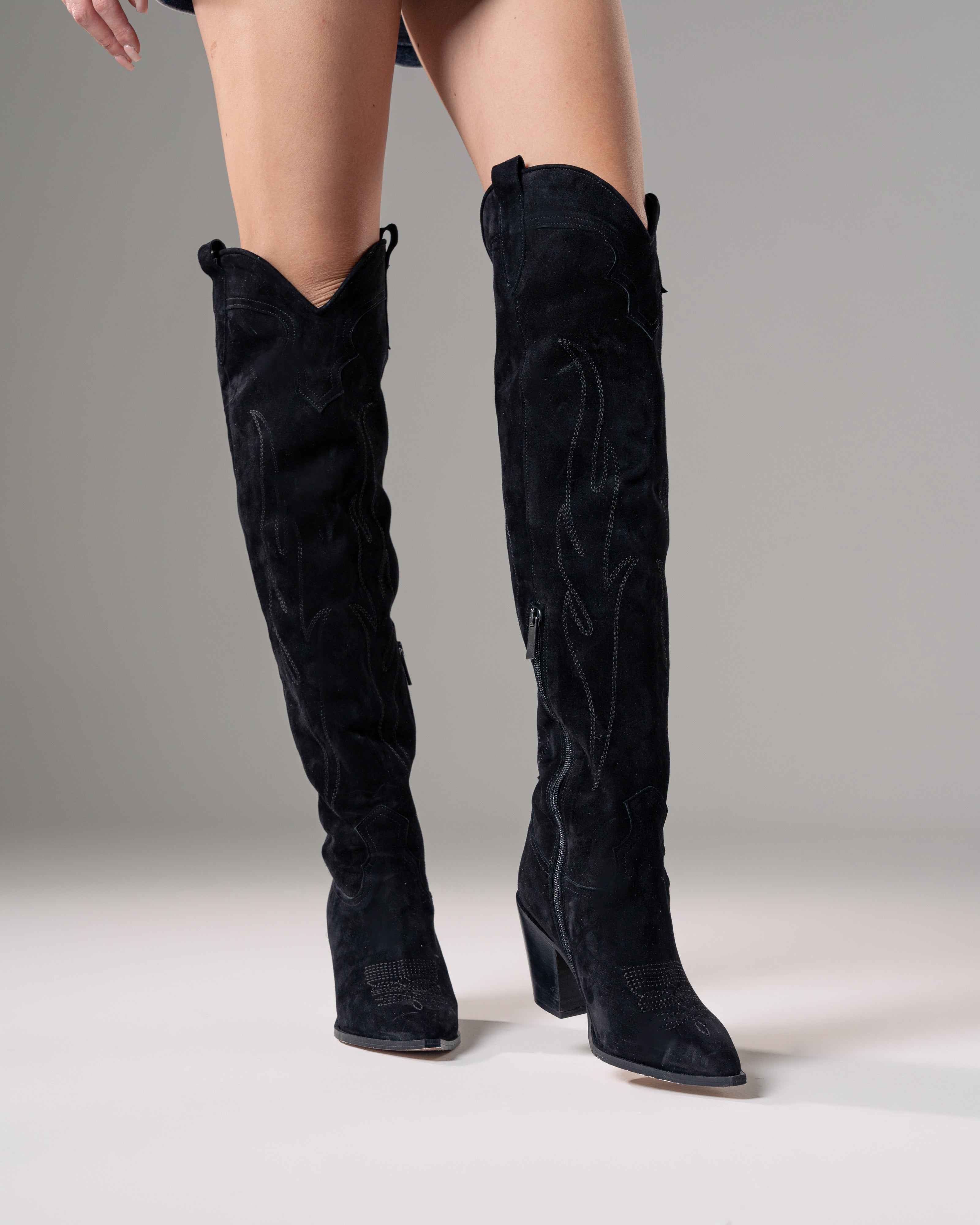 SOUND_TOP_FLAME - Camperos over-the-knee tubular boot in real black suede with embroidery and 7 cm heel