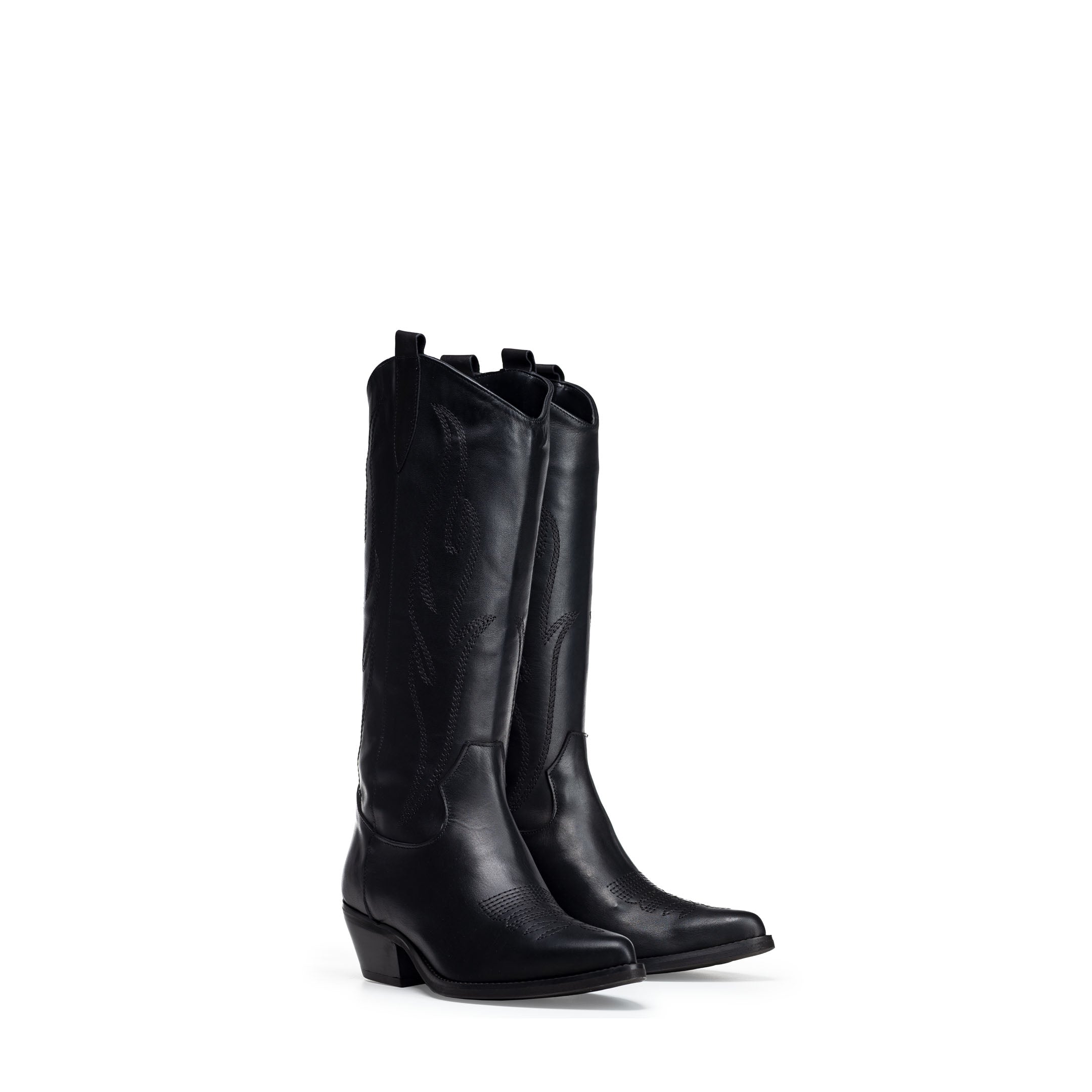 TEX 60 - Bota tubular campera en piel genuina negra con bordado