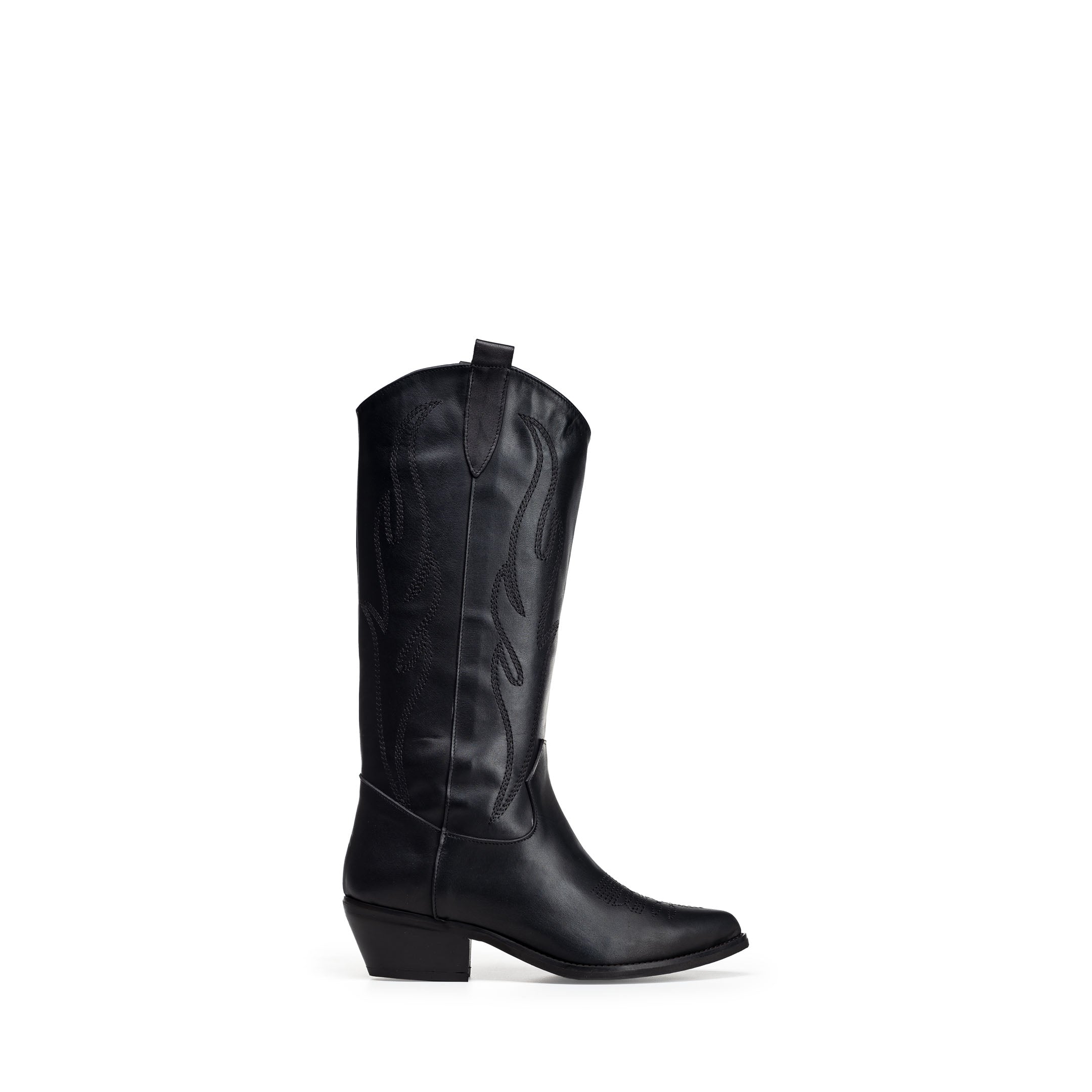 TEX 60 - Bota tubular campera en piel genuina negra con bordado