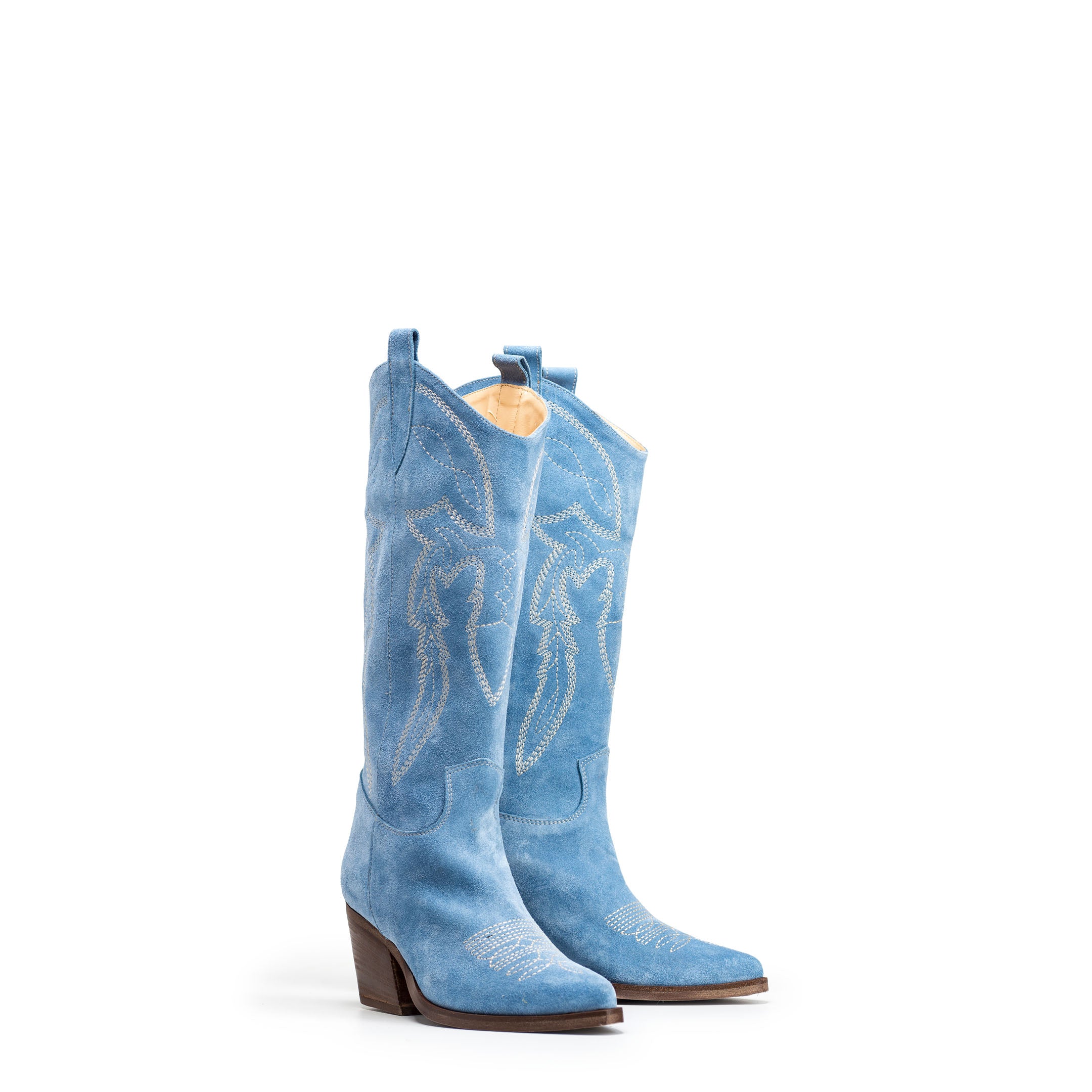 TEX 70_LOW - Camperos tubular boot in real Sky suede with embroidery