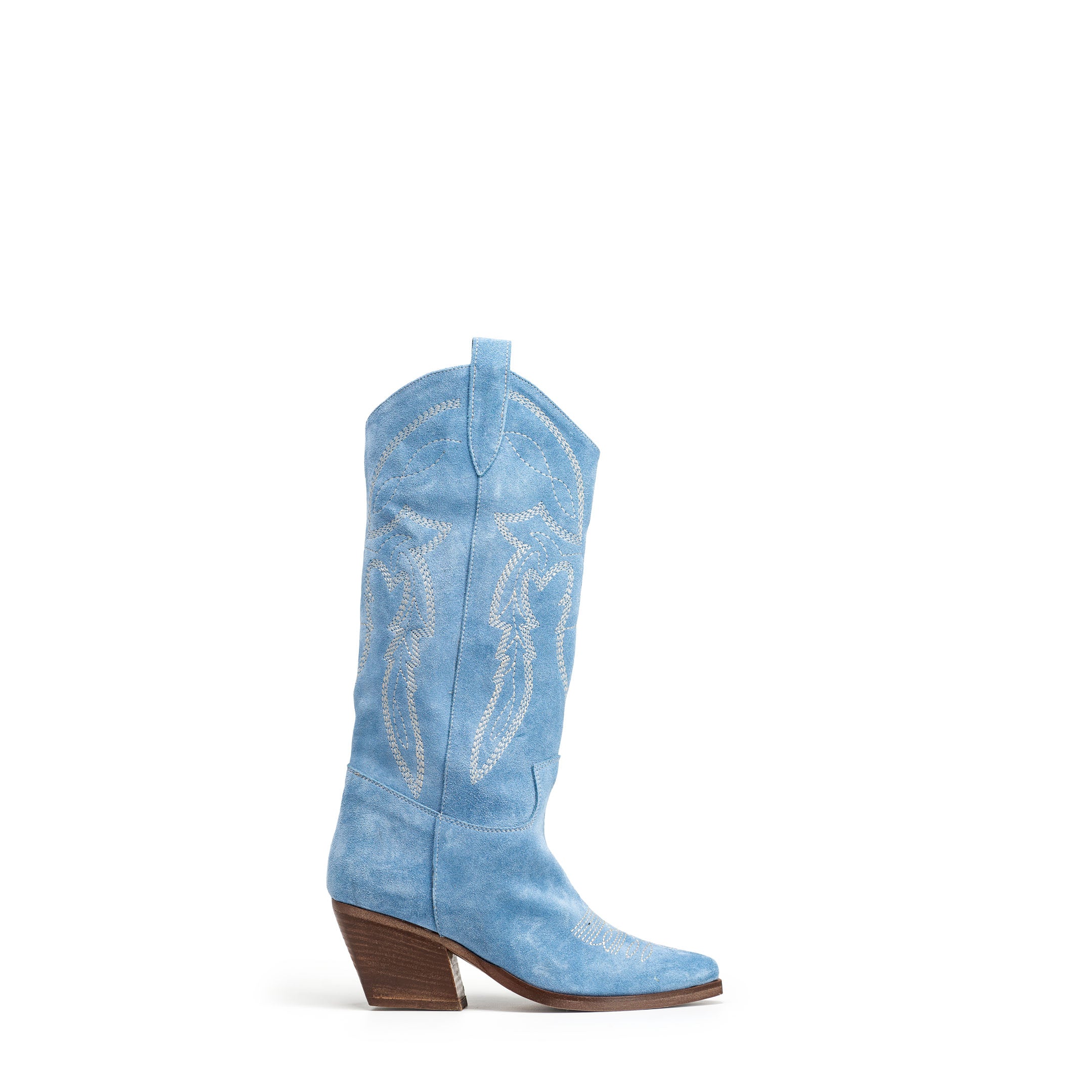 TEX 70_LOW - Camperos tubular boot in real Sky suede with embroidery