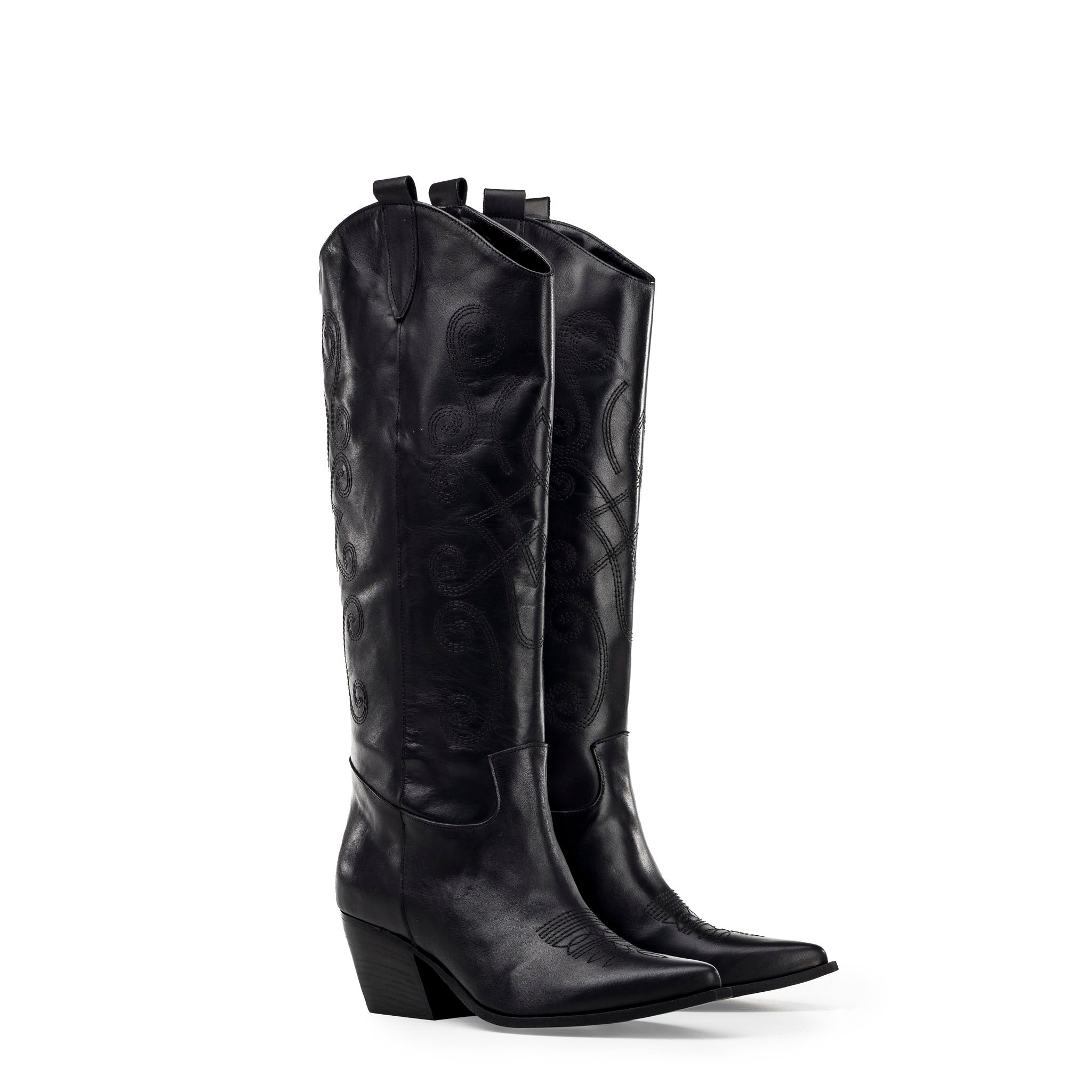 TEX 70_FLORISH - Black Genuine Leather Camperos Boot with Embroidery