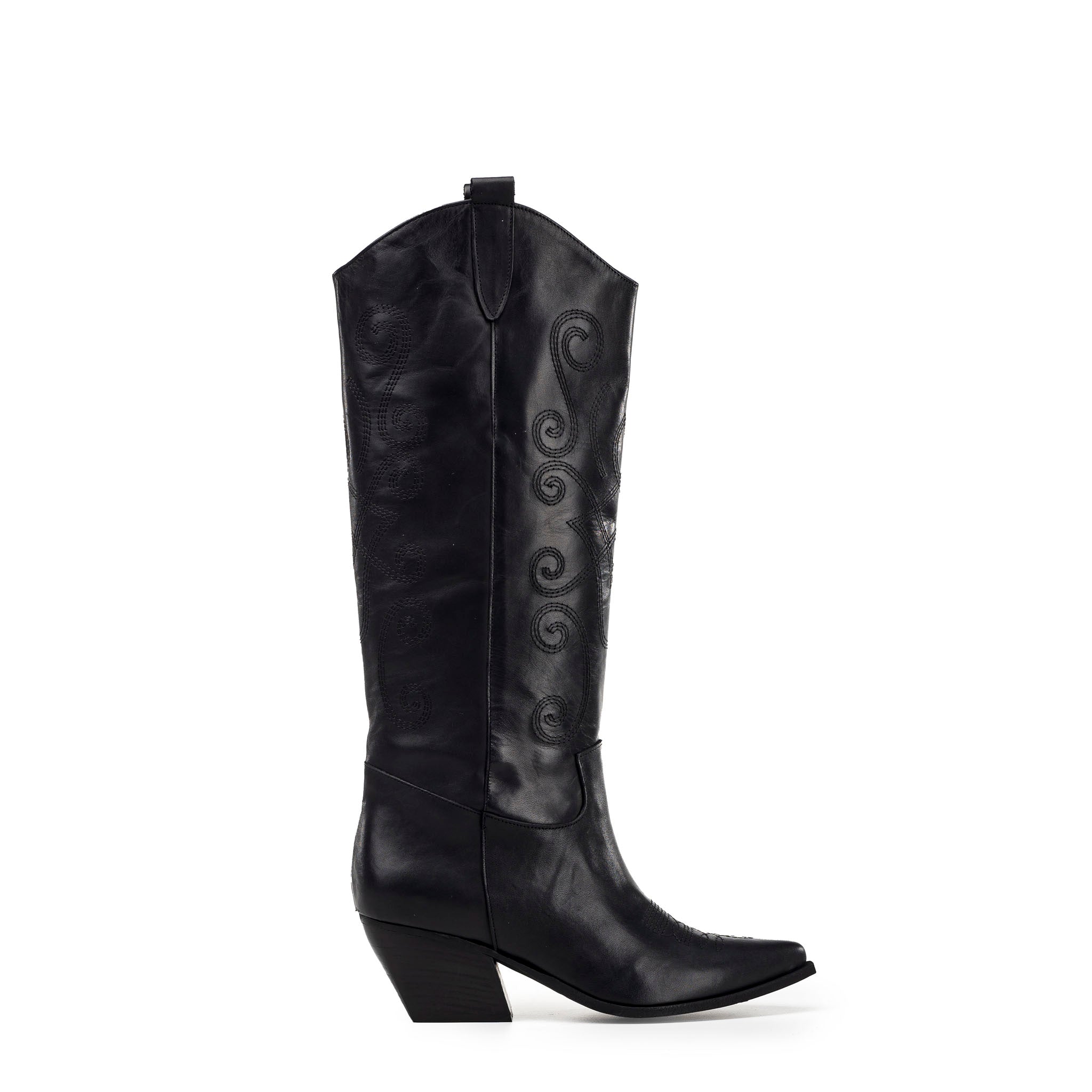 TEX 70_FLORISH - Black Genuine Leather Camperos Boot with Embroidery