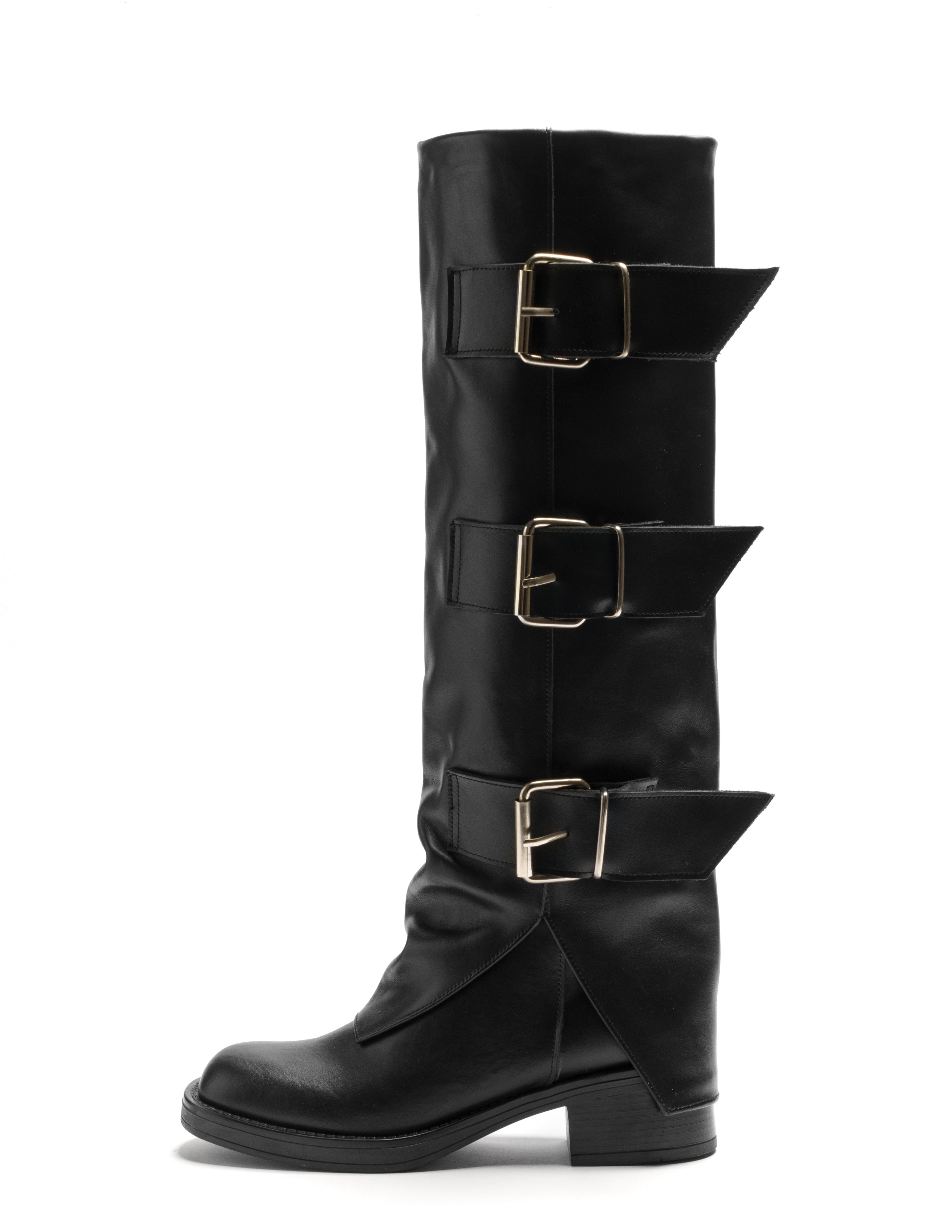 THUNDER - Tubular boot mood Biker Amphibian in real black leather with 3 buckles