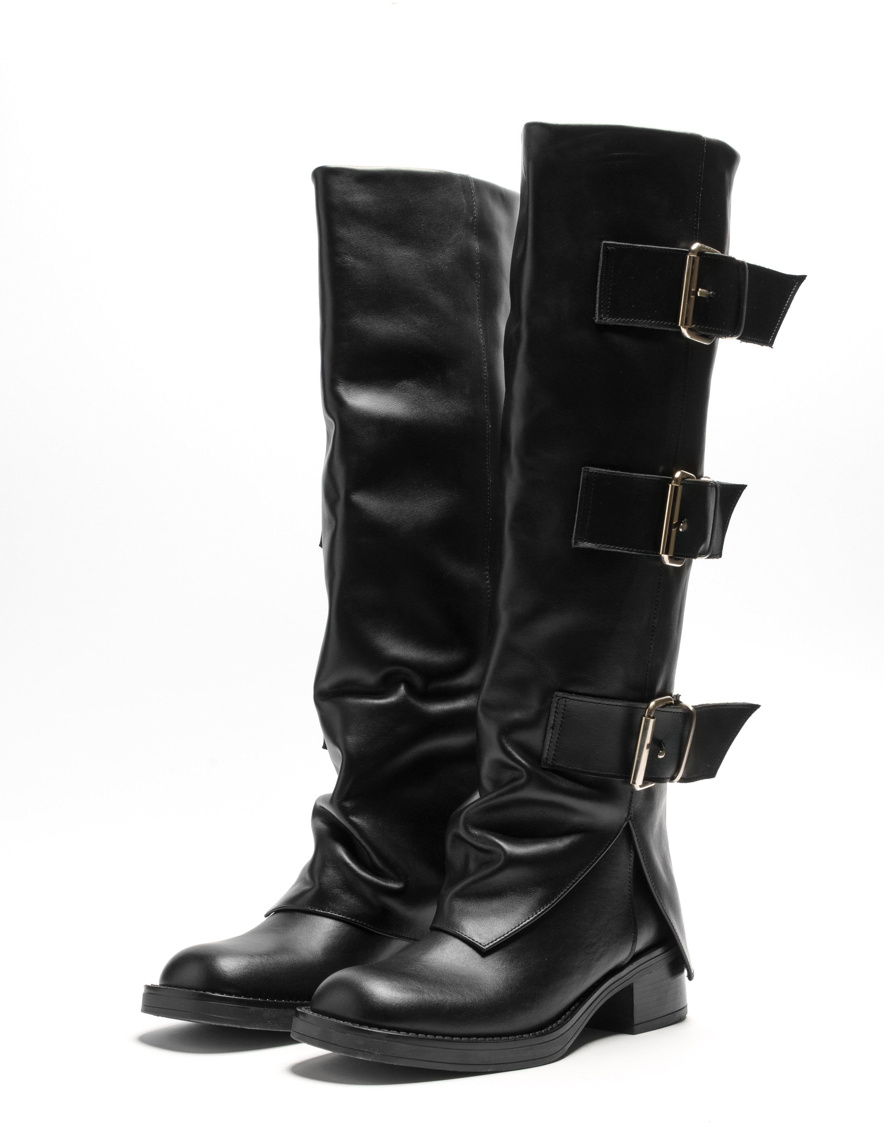 THUNDER - Tubular boot mood Biker Amphibian in real black leather with 3 buckles